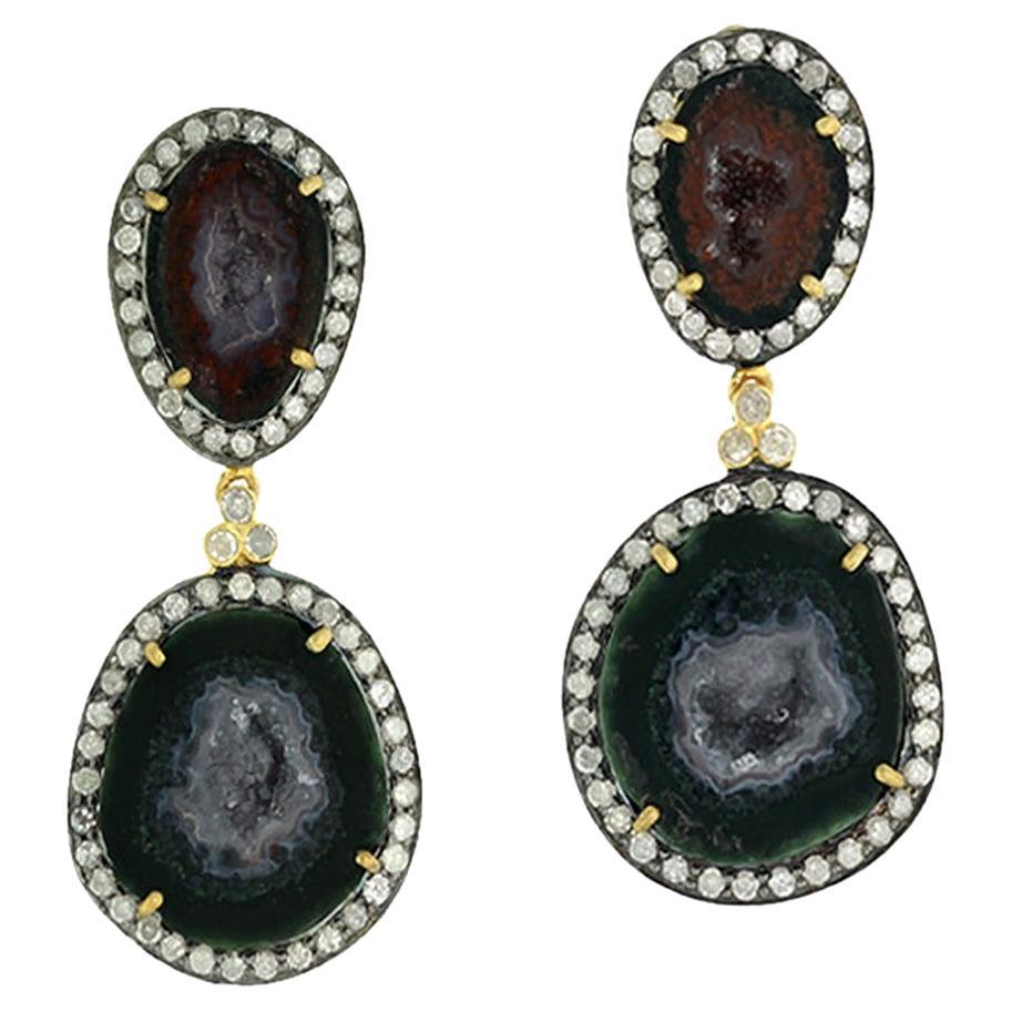 Two Tier Sliced Multicolor Oval Shaped Geode Dangle Earrings with Pave Diamonds For Sale