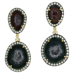 Two Tier Sliced Multicolor Oval Shaped Geode Dangle Earrings with Pave Diamonds