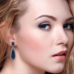 Two-Tier Sliced Sapphire and Diamond Dangle Earring Made In 18k White Gold