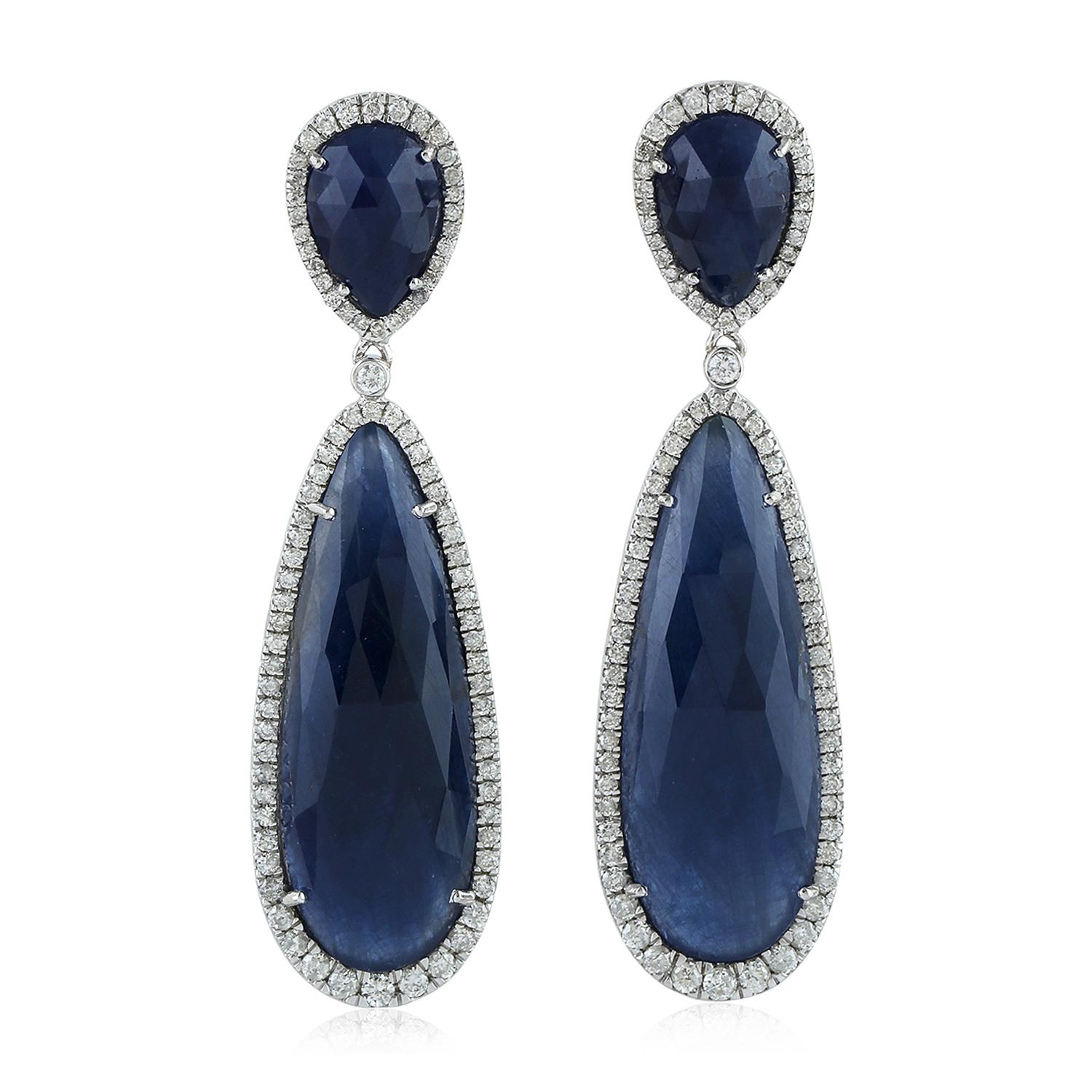Pear Cut Two-Tier Sliced Sapphire and Diamond Dangle Earring Made In 18k White Gold For Sale