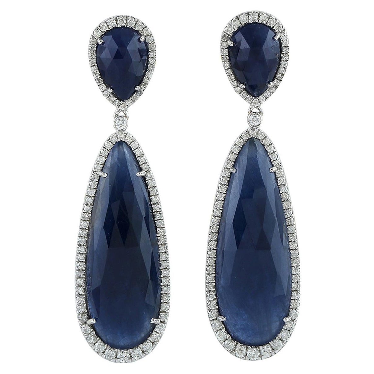 Zweistufiger Ohrring mit geschliffenem Saphir und Diamant aus 18k Weißgold