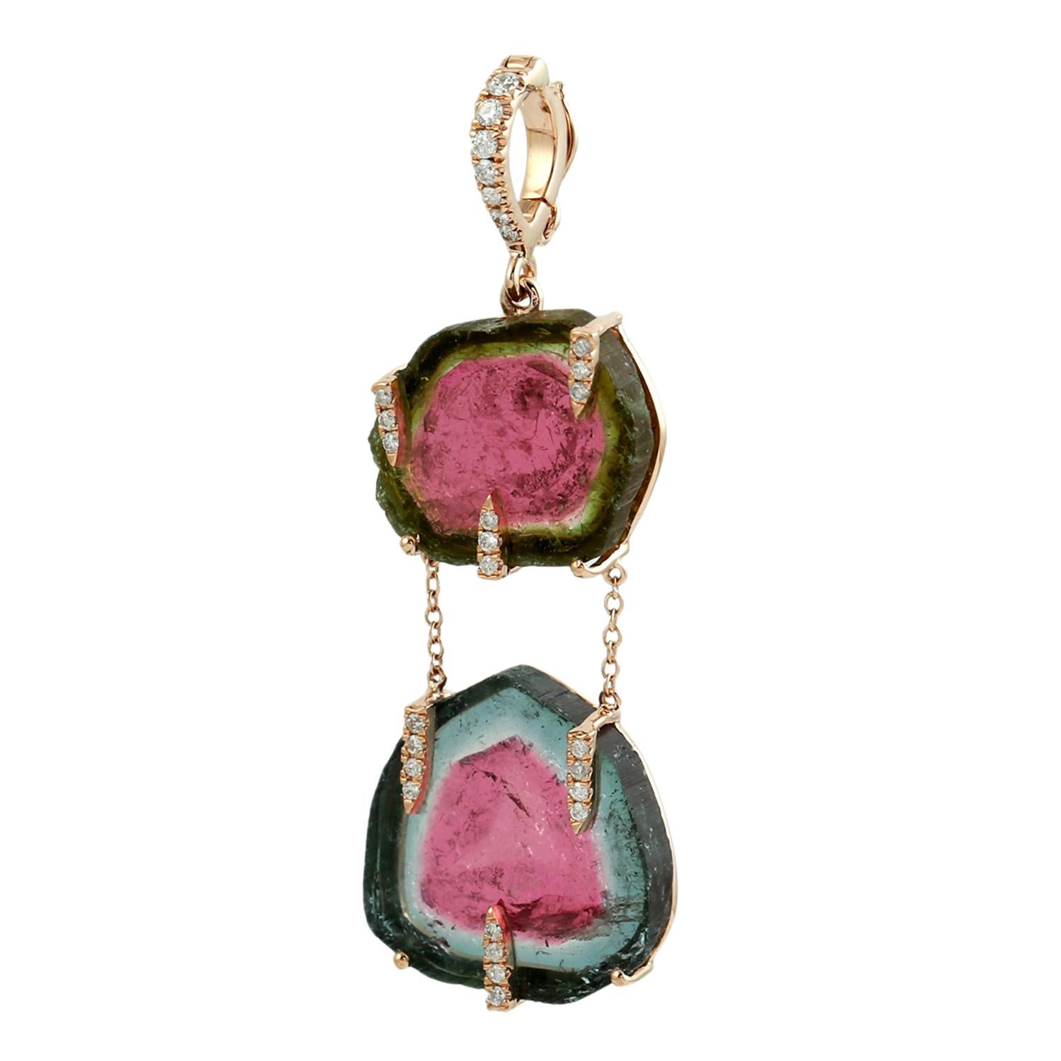 Artisan Two Tier Sliced Watermelon Tourmaline Pendant Accented With Diamonds In 18k Gold For Sale