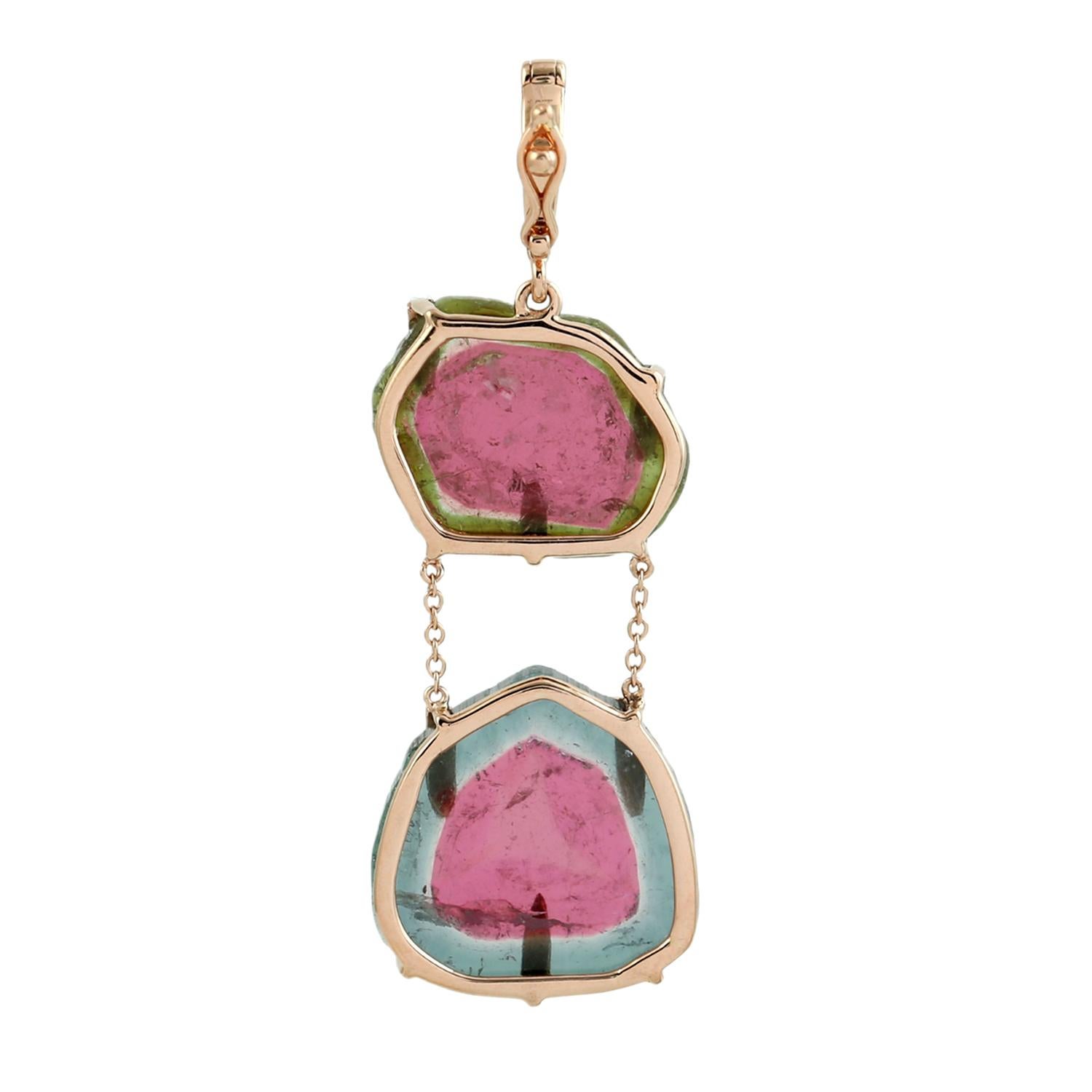Mixed Cut Two Tier Sliced Watermelon Tourmaline Pendant Accented With Diamonds In 18k Gold For Sale
