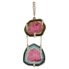 Two Tier Sliced Watermelon Tourmaline Pendant Accented With Diamonds In 18k Gold