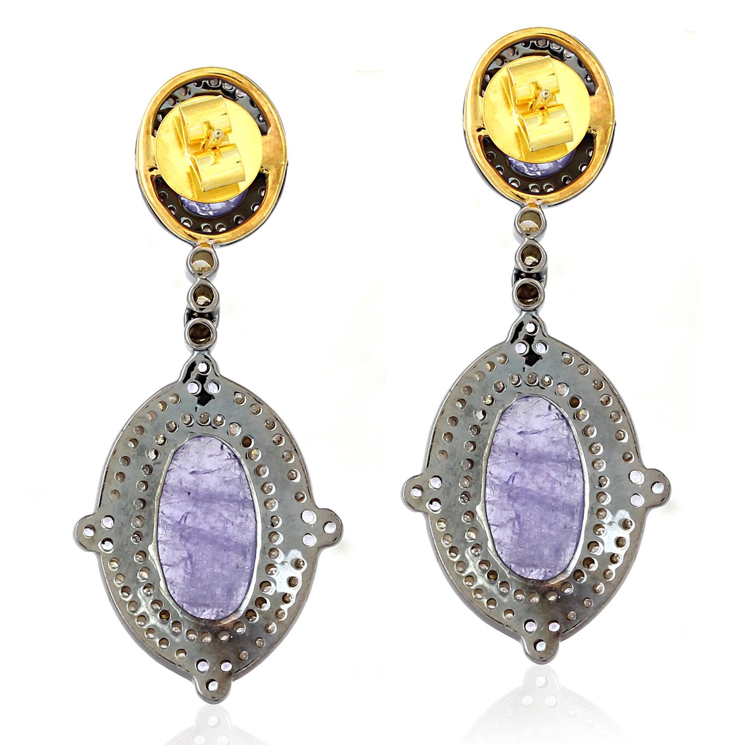 Pendientes colgantes de tanzanita de dos hileras con diamantes en oro de 18 quilates y plata Contemporáneo en venta