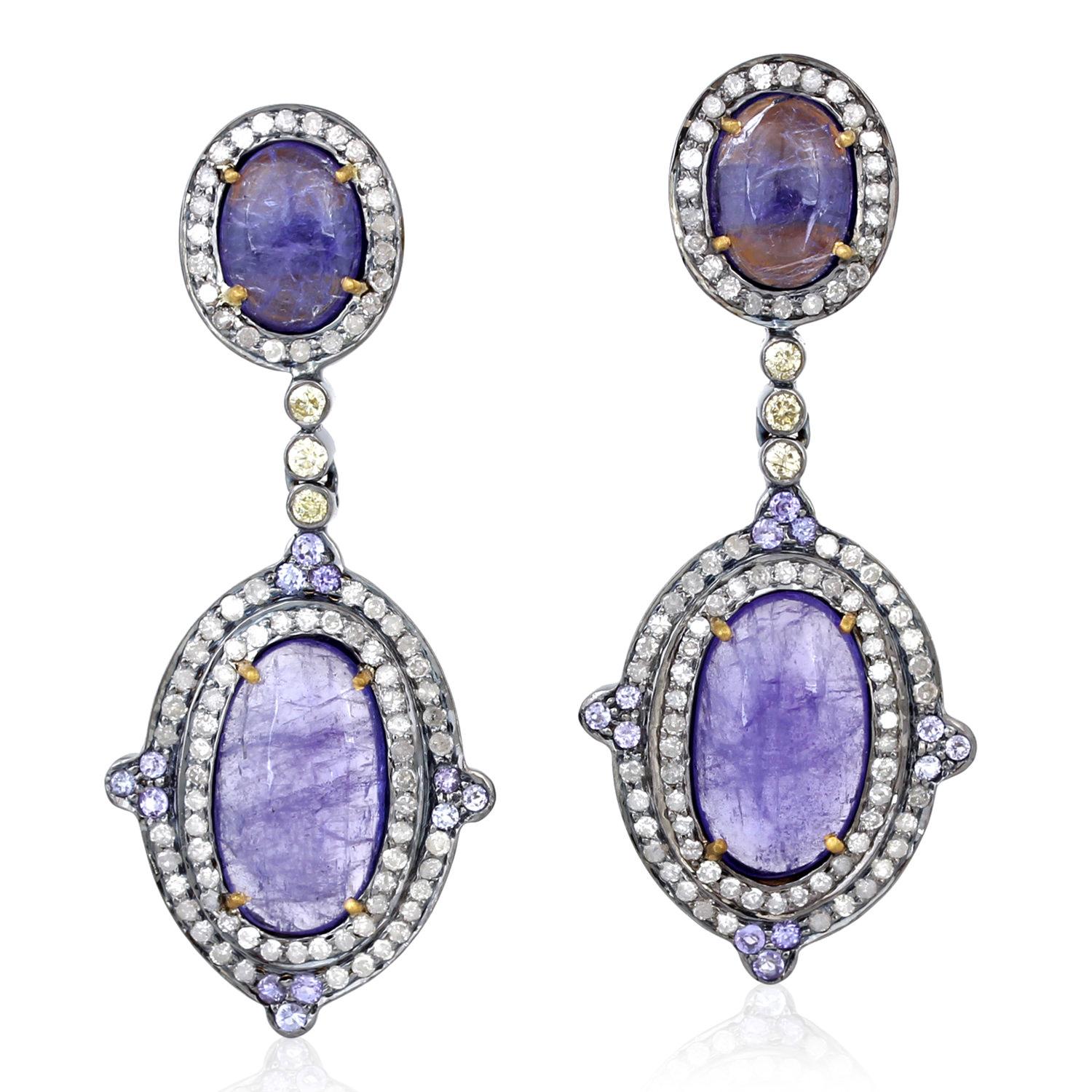 Pendientes colgantes de tanzanita de dos hileras con diamantes en oro de 18 quilates y plata Corte mixto en venta