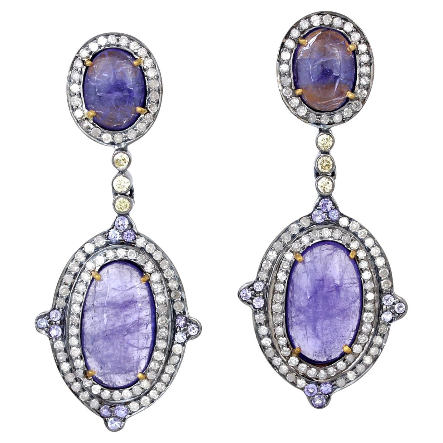 Two Tier Sliced Tanzanite Dangle Earrings With Diamonds In 18k Gold & Silver