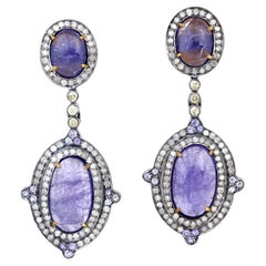 Pendientes colgantes de tanzanita de dos hileras con diamantes en oro de 18 quilates y plata
