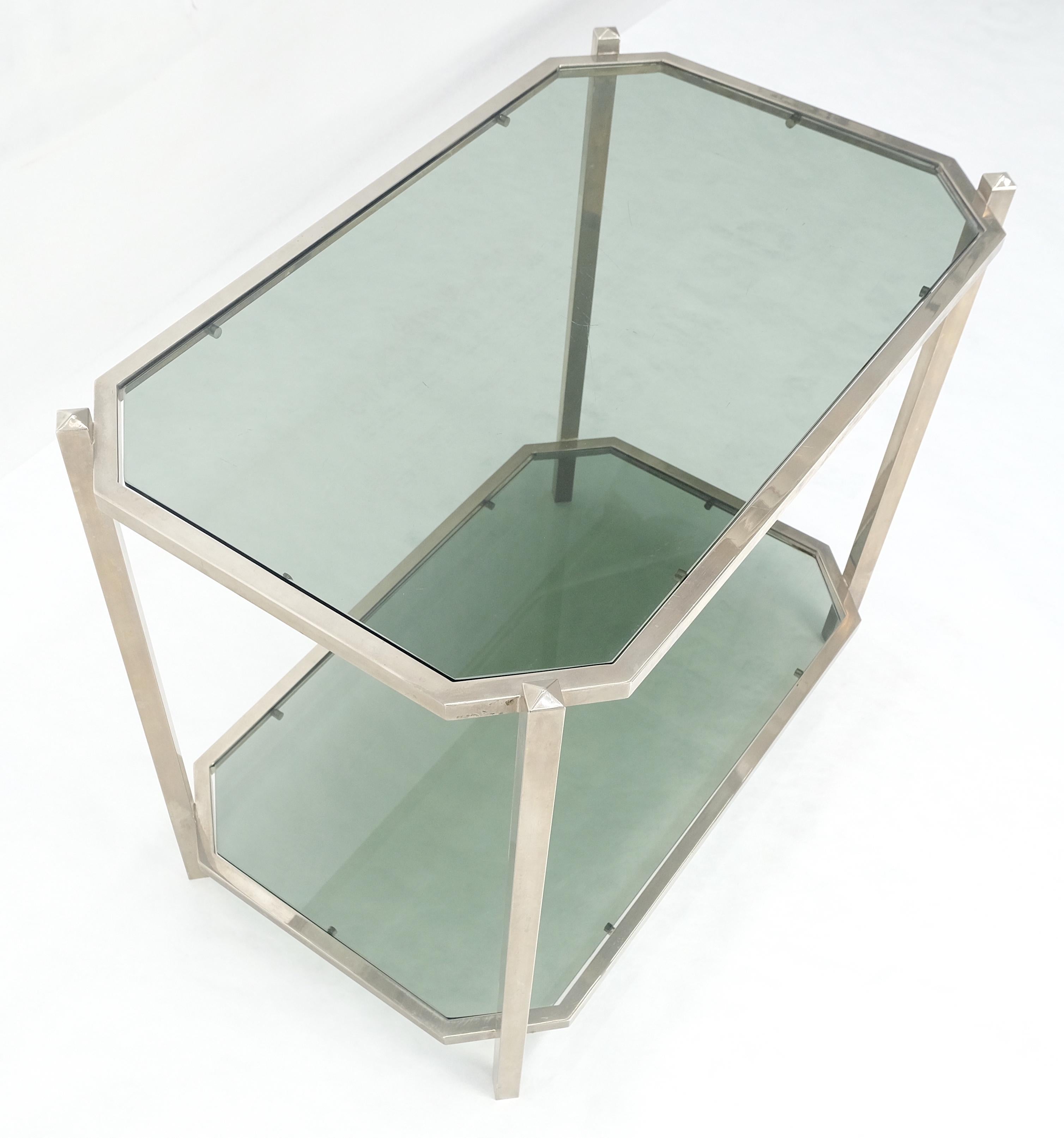Two Tier Tinted Green Glass Top Cut Corners Rectangle Style End Side Table For Sale 9