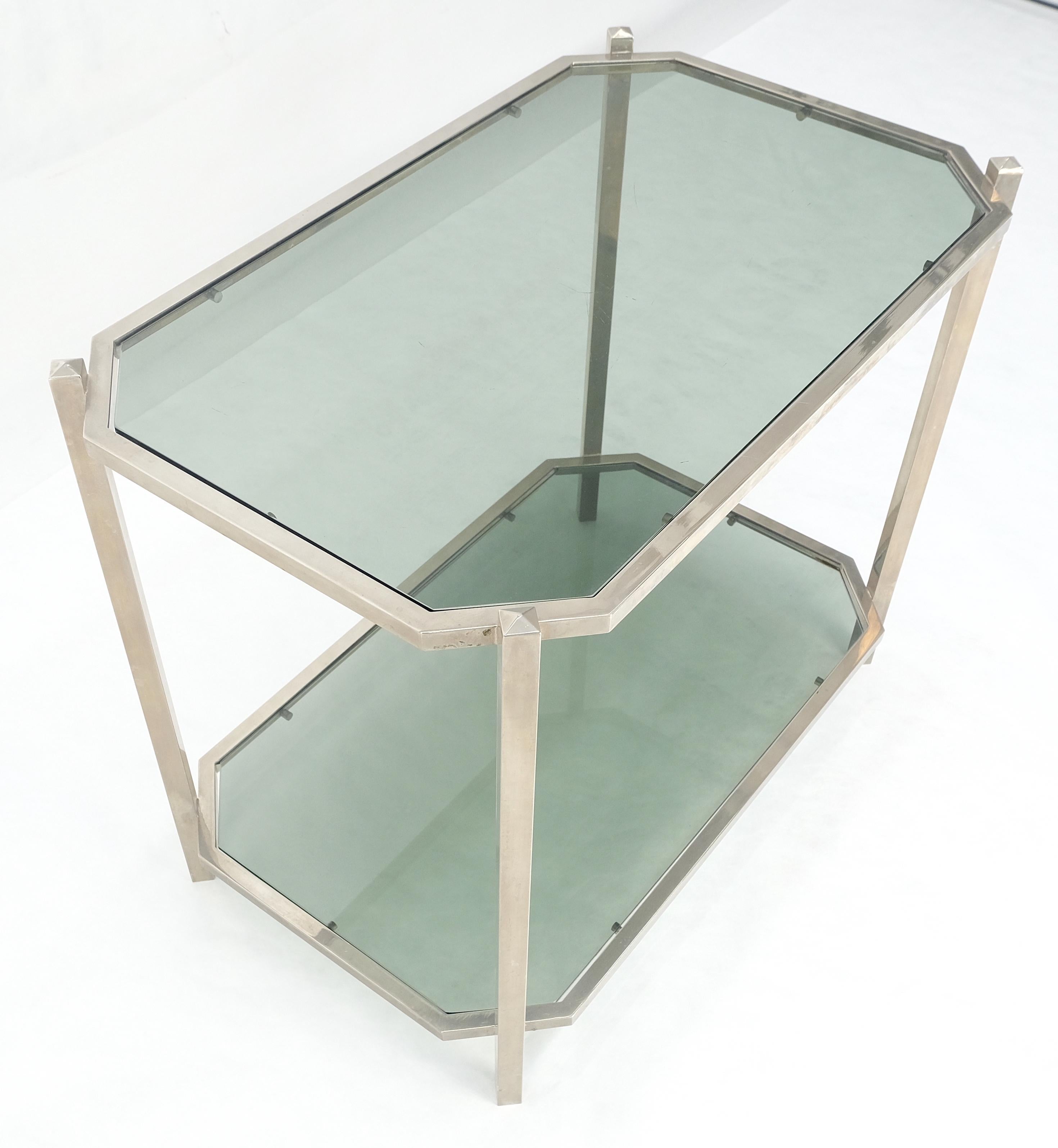 Two Tier Tinted Green Glass Top Cut Corners Rectangle Style End Side Table For Sale 11