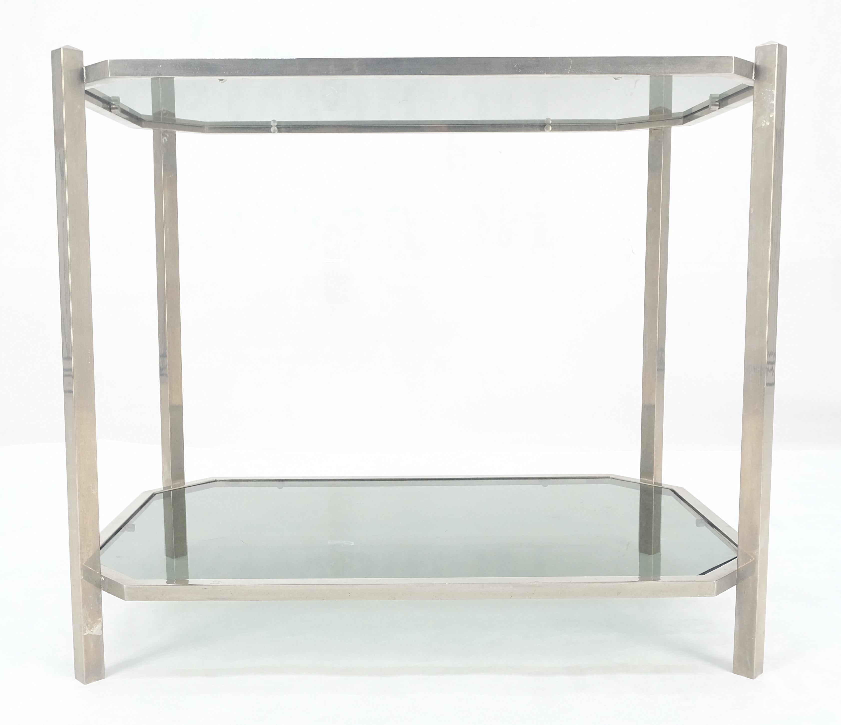 Two Tier Tinted Green Glass Top Cut Corners Rectangle Style End Side Table In Good Condition For Sale In Rockaway, NJ