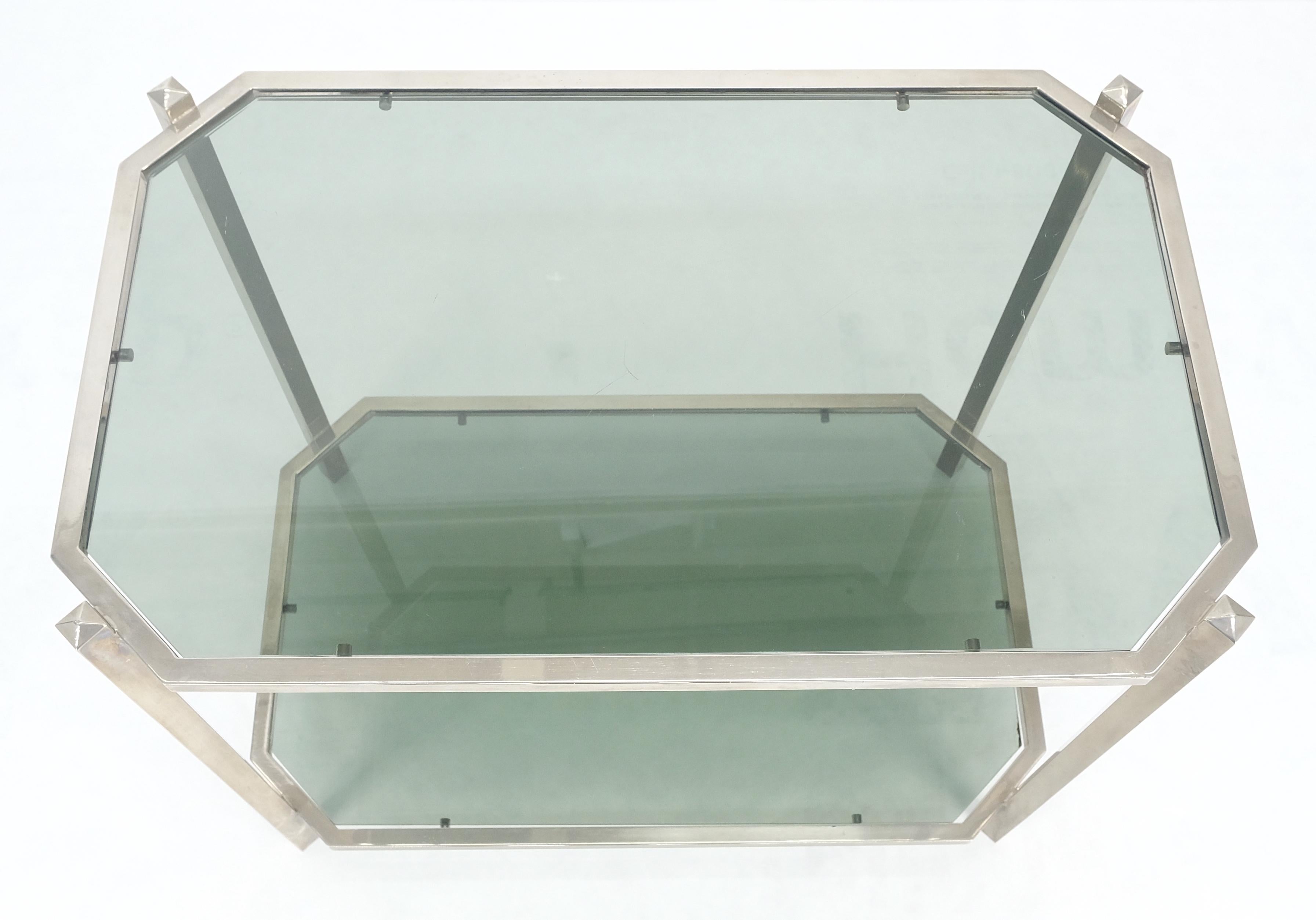 20th Century Two Tier Tinted Green Glass Top Cut Corners Rectangle Style End Side Table For Sale