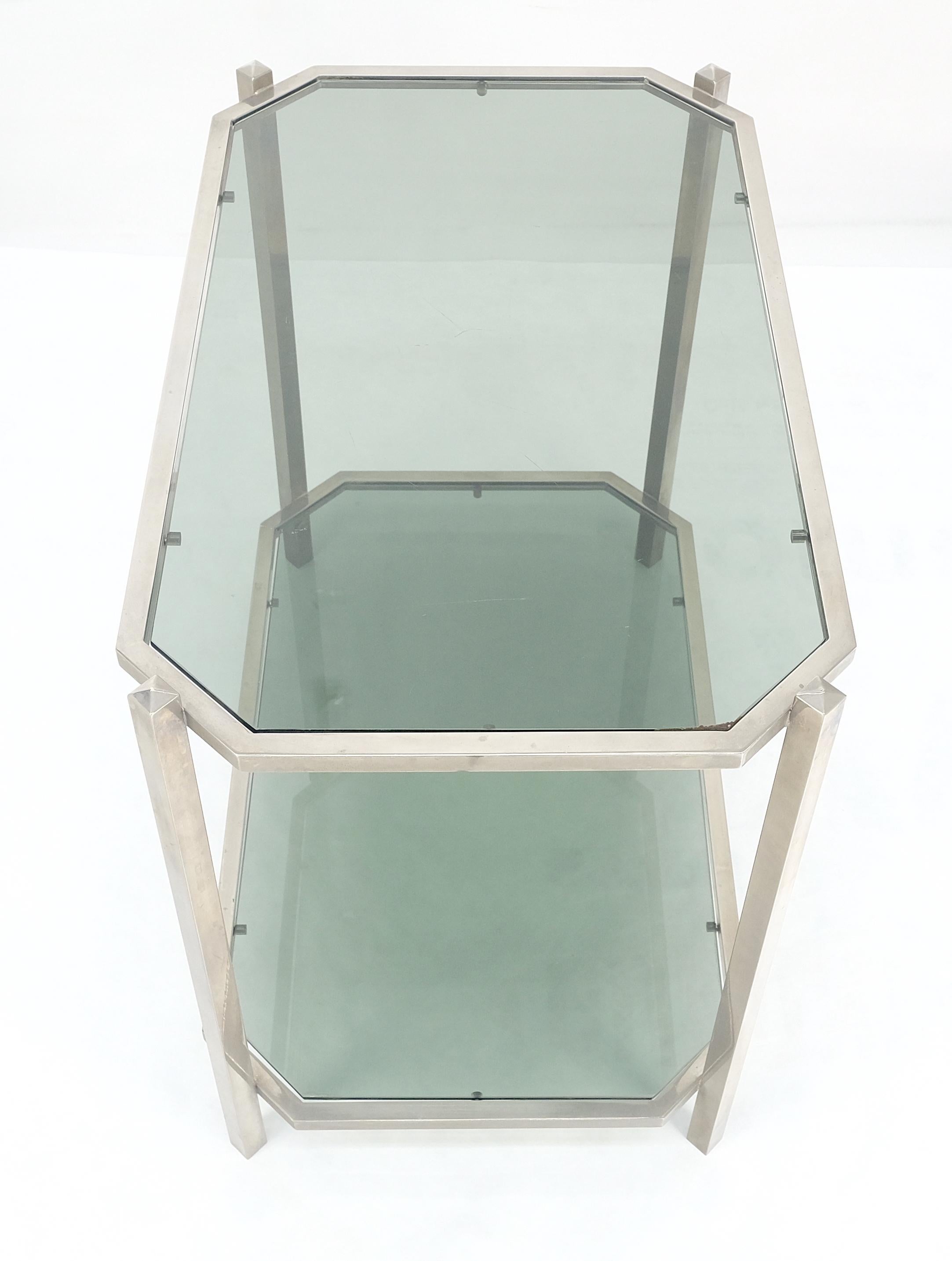 Two Tier Tinted Green Glass Top Cut Corners Rectangle Style End Side Table For Sale 1