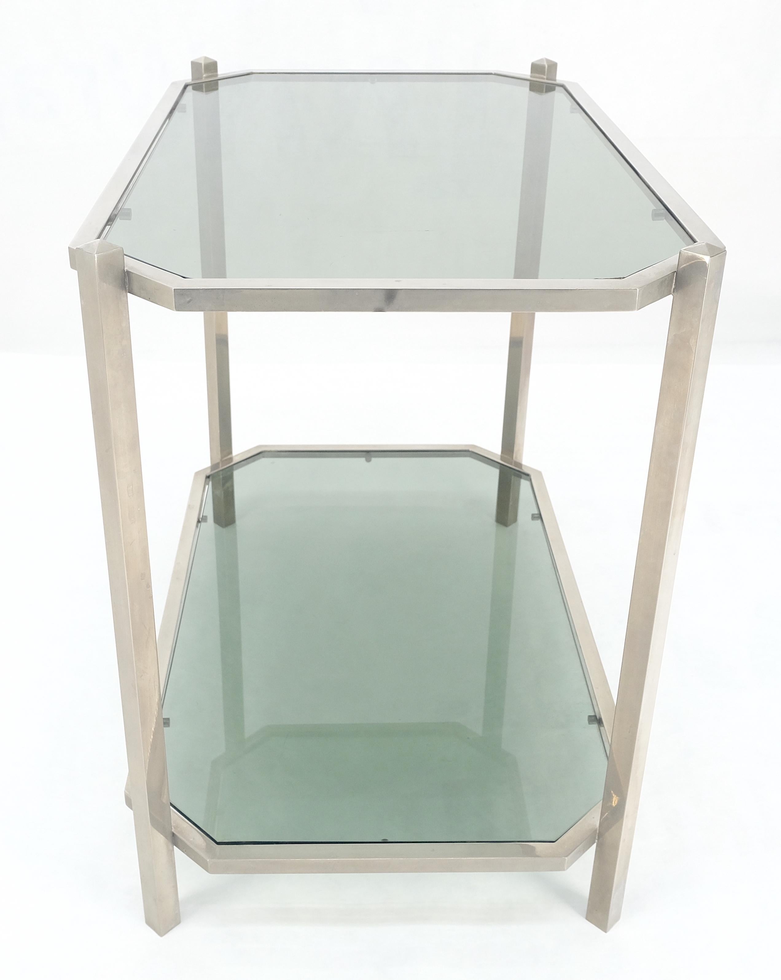 Two Tier Tinted Green Glass Top Cut Corners Rectangle Style End Side Table For Sale 2