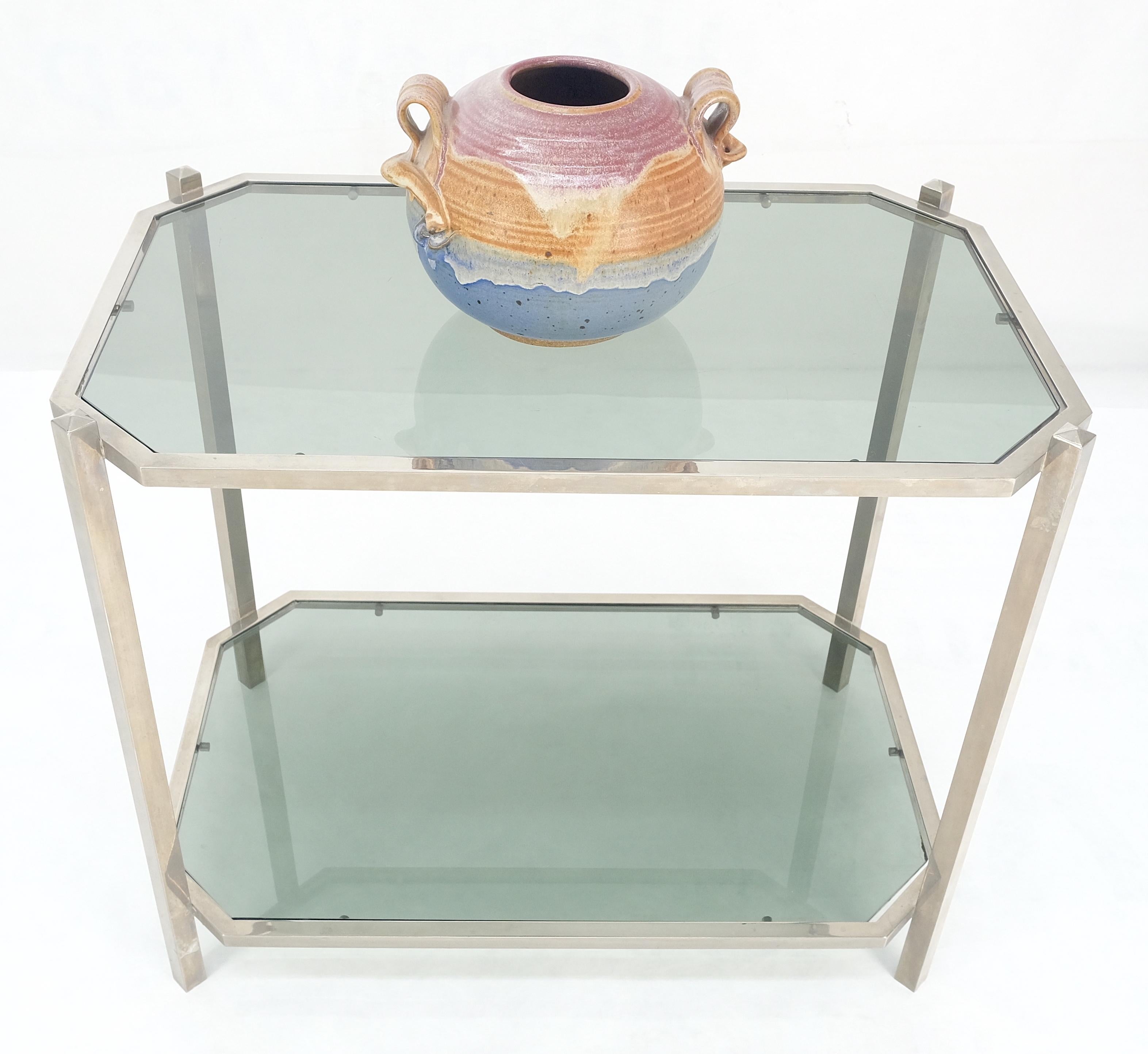 Two Tier Tinted Green Glass Top Cut Corners Rectangle Style End Side Table For Sale 3