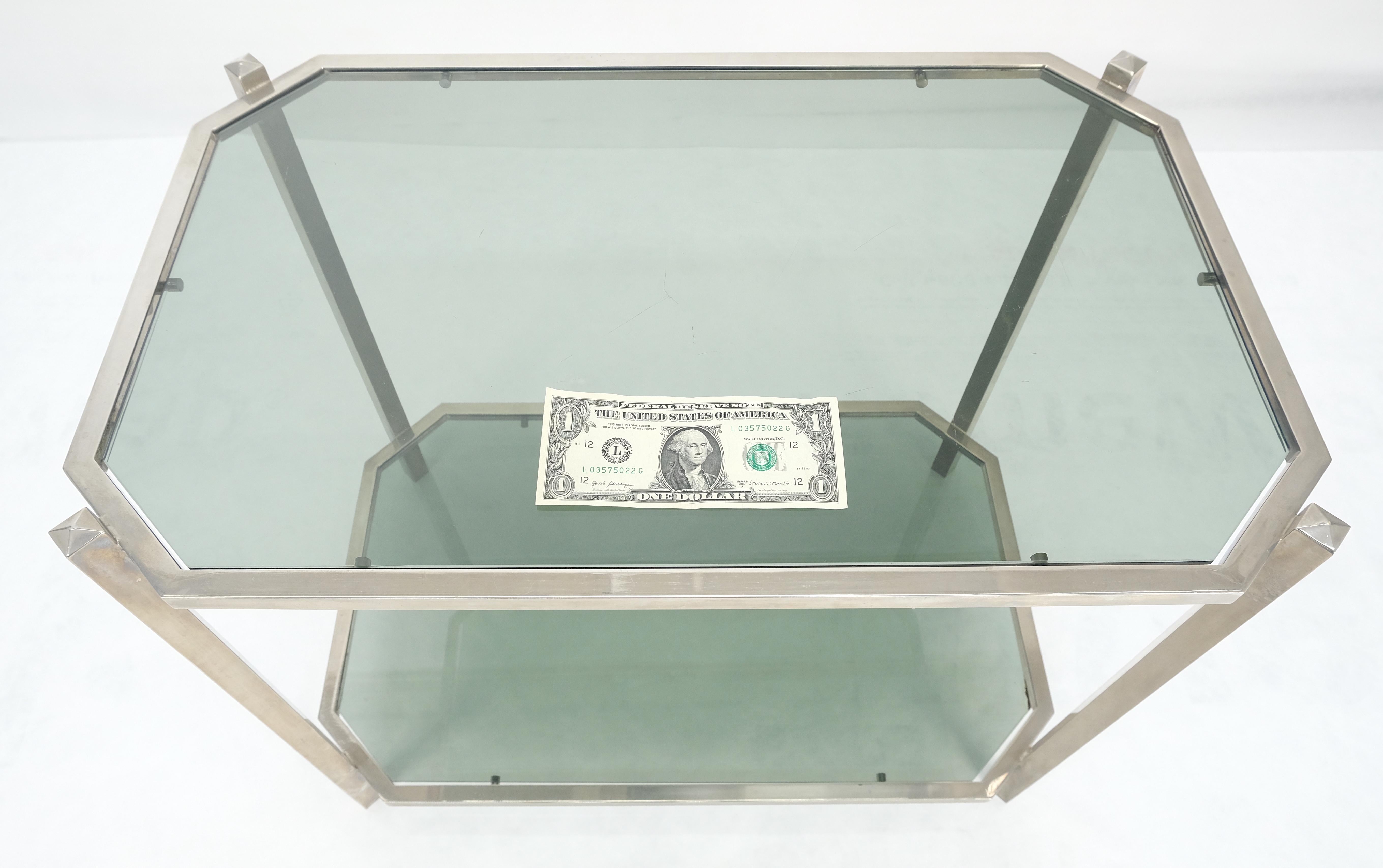 Two Tier Tinted Green Glass Top Cut Corners Rectangle Style End Side Table For Sale 4