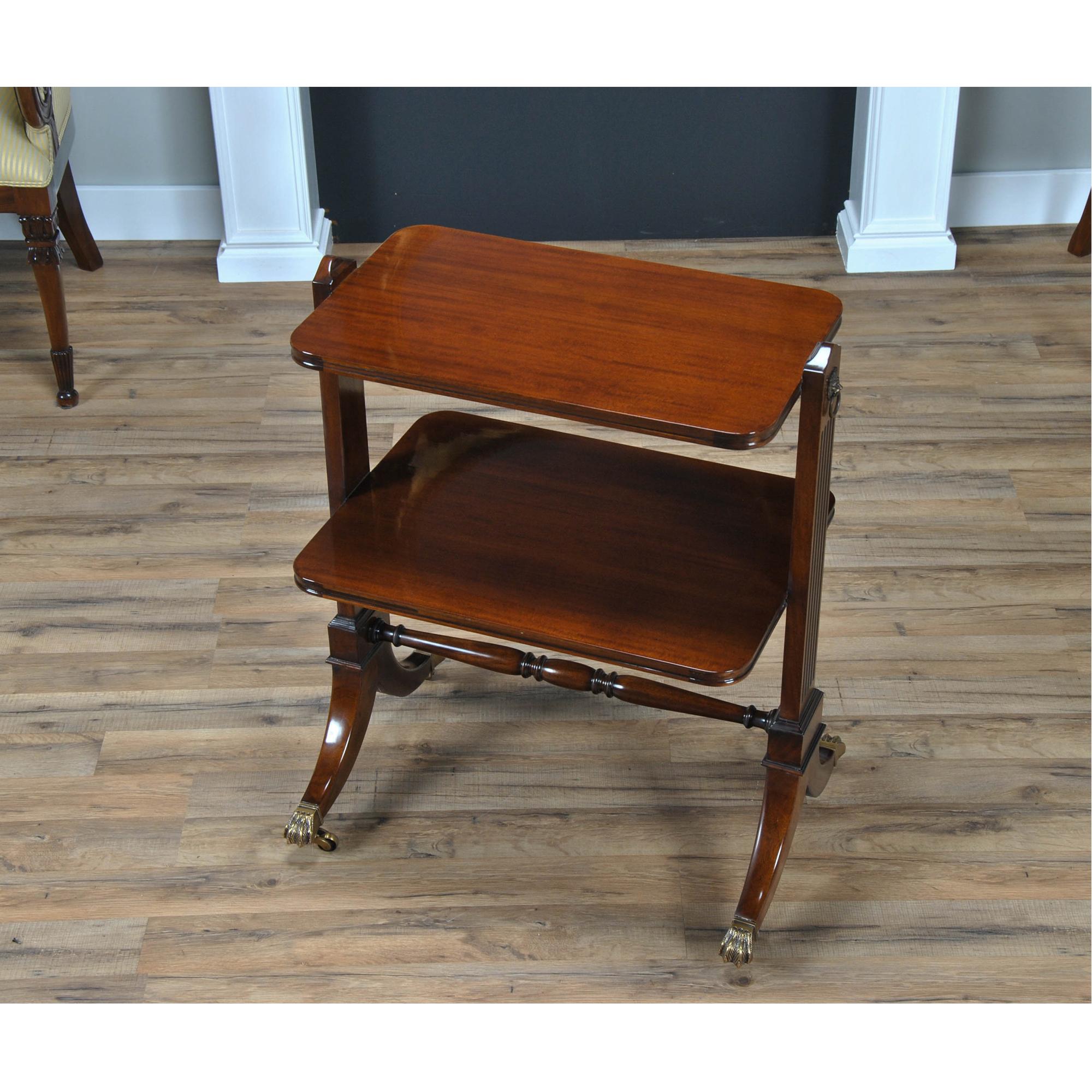 A smaller serving table this Two Tier Trolley features a solid mahogany reeded frame on the ends with further supports that run horizontally to add strength. The lions mask hardware on the top and the brass capped wheeled feet give it a designer