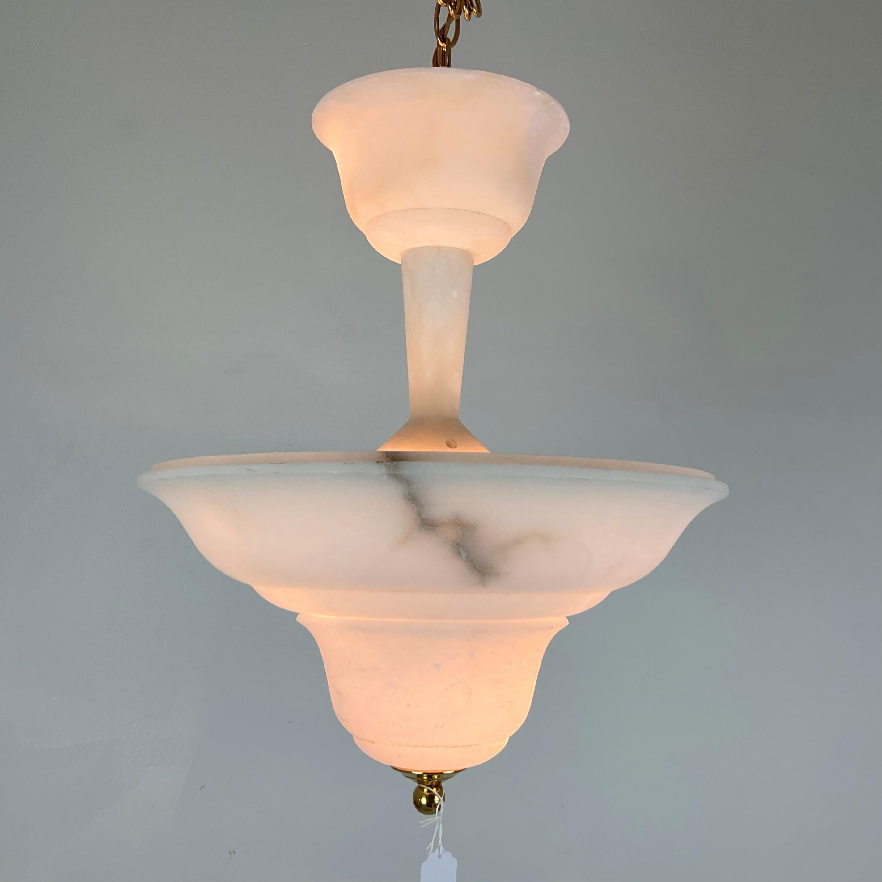 Natural Alabaster Two-Tier Chandelier Italian Beauty. It comes with 3 feet of brass chain and is ready to install ceiling canopy.