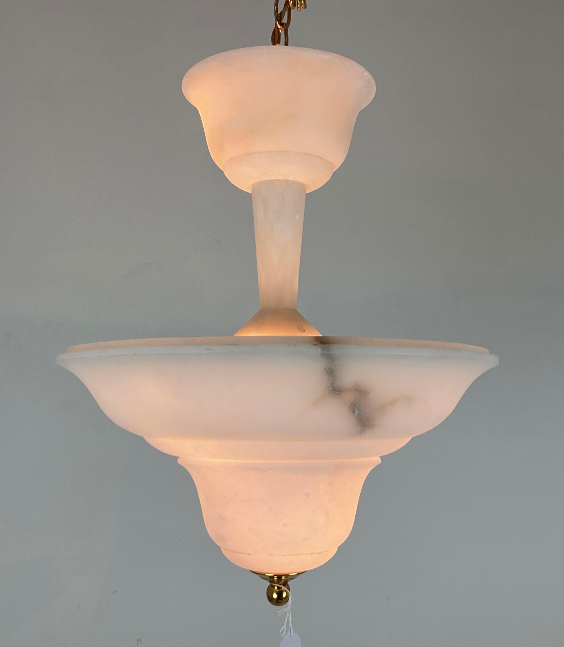 Empire Two Tier Vintage Natural Alabaster Chandelier Pendant For Sale