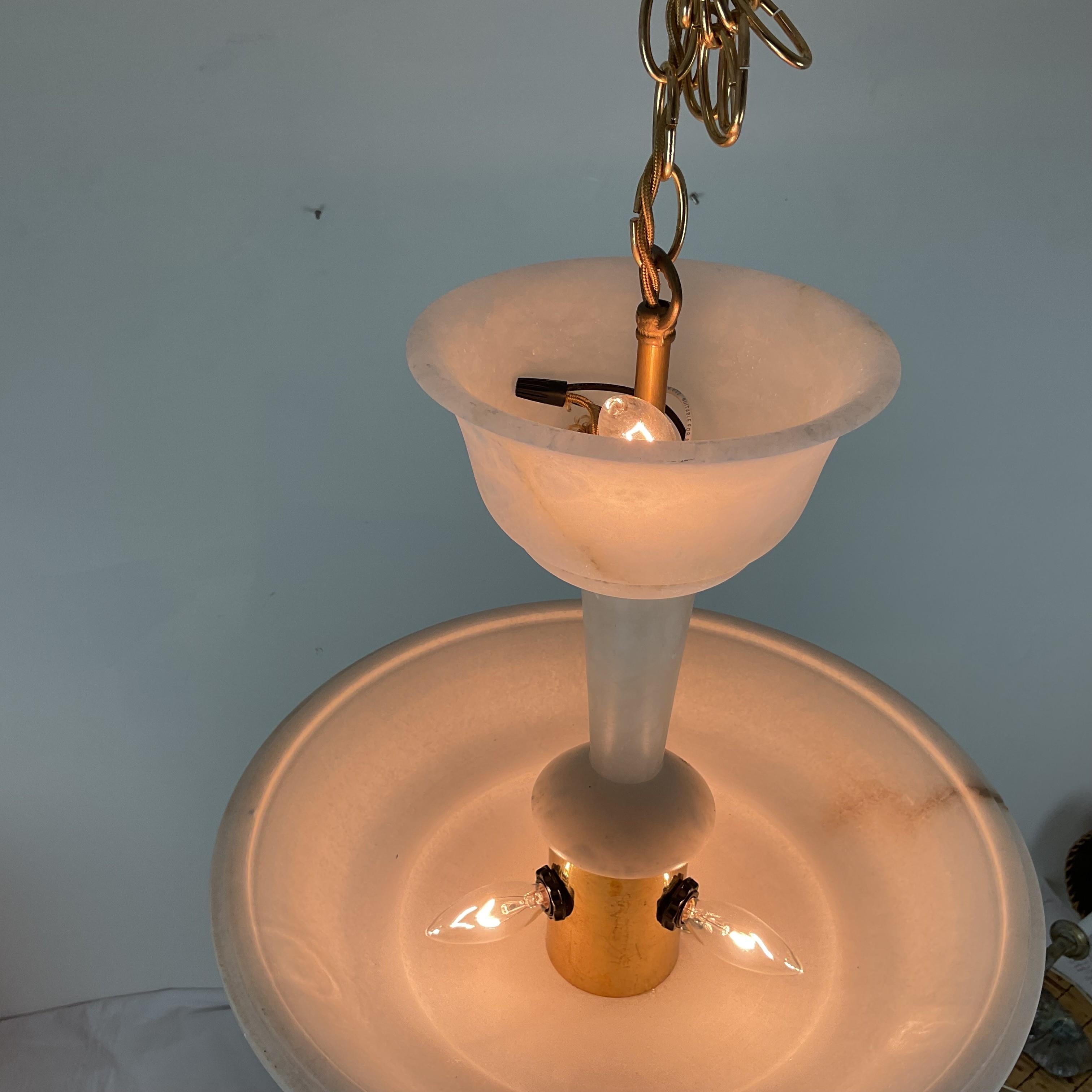 Two Tier Vintage Natural Alabaster Chandelier Pendant In Good Condition For Sale In West Palm Beach, FL