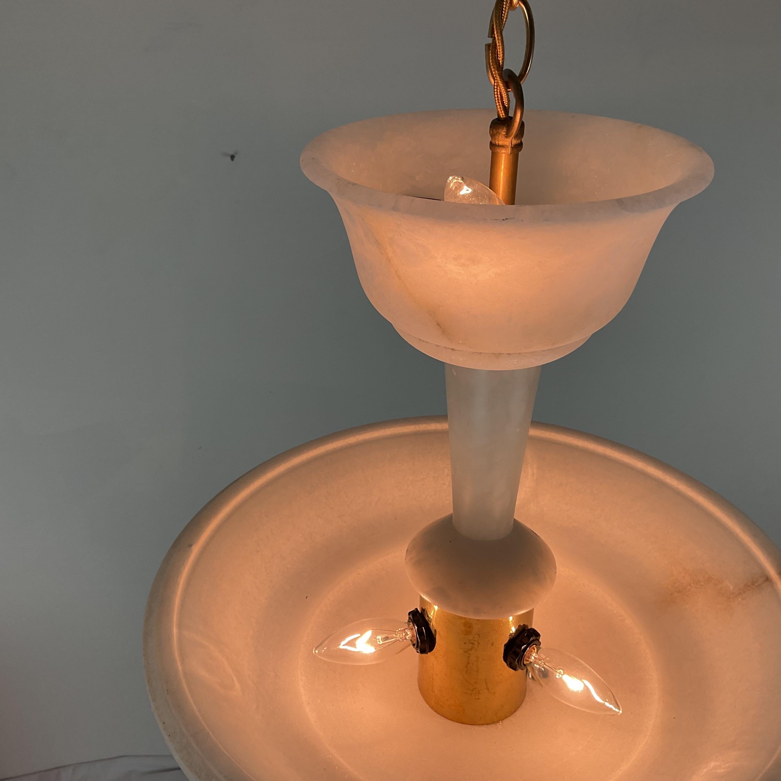 Mid-20th Century Two Tier Vintage Natural Alabaster Chandelier Pendant For Sale