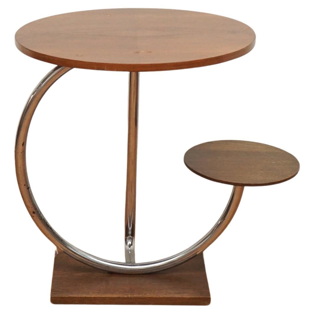 Two-Tier Walnut and Chrome Accent Table For Sale