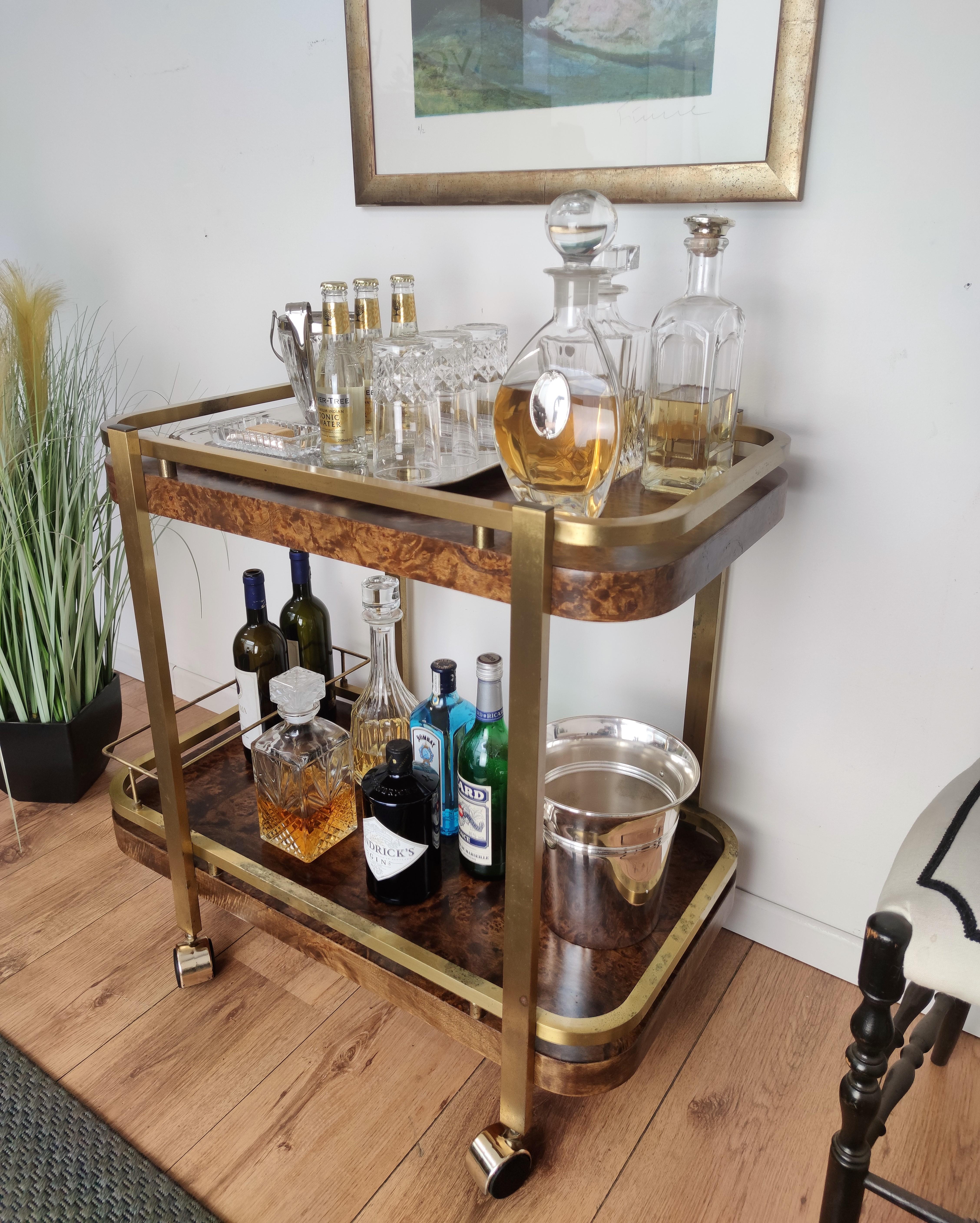 Hollywood Regency Two-Tier Walnut Burl Wood and Brass Bar Cart, Italy, 1970s