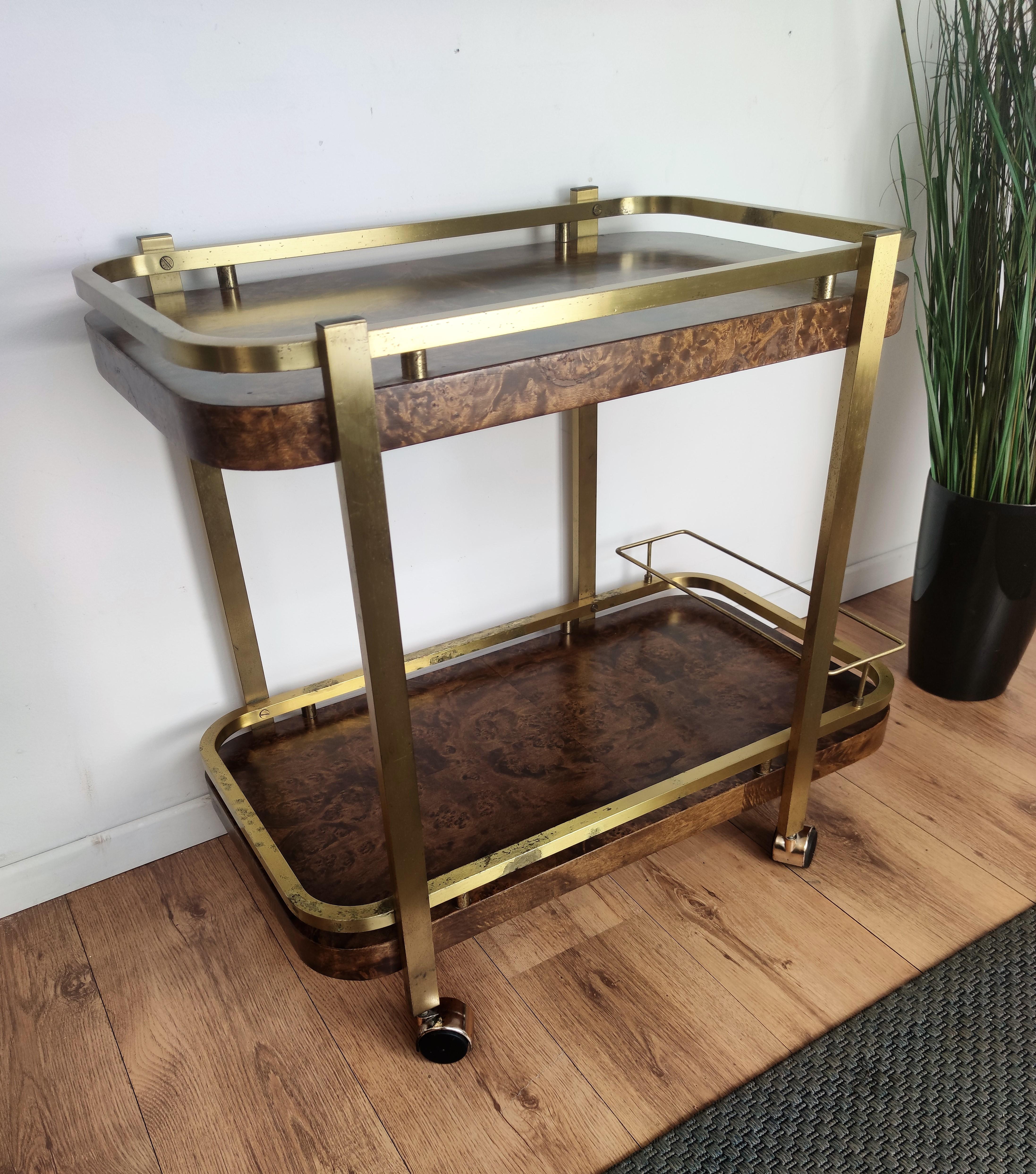 Two-Tier Walnut Burl Wood and Brass Bar Cart, Italy, 1970s In Good Condition In Carimate, Como