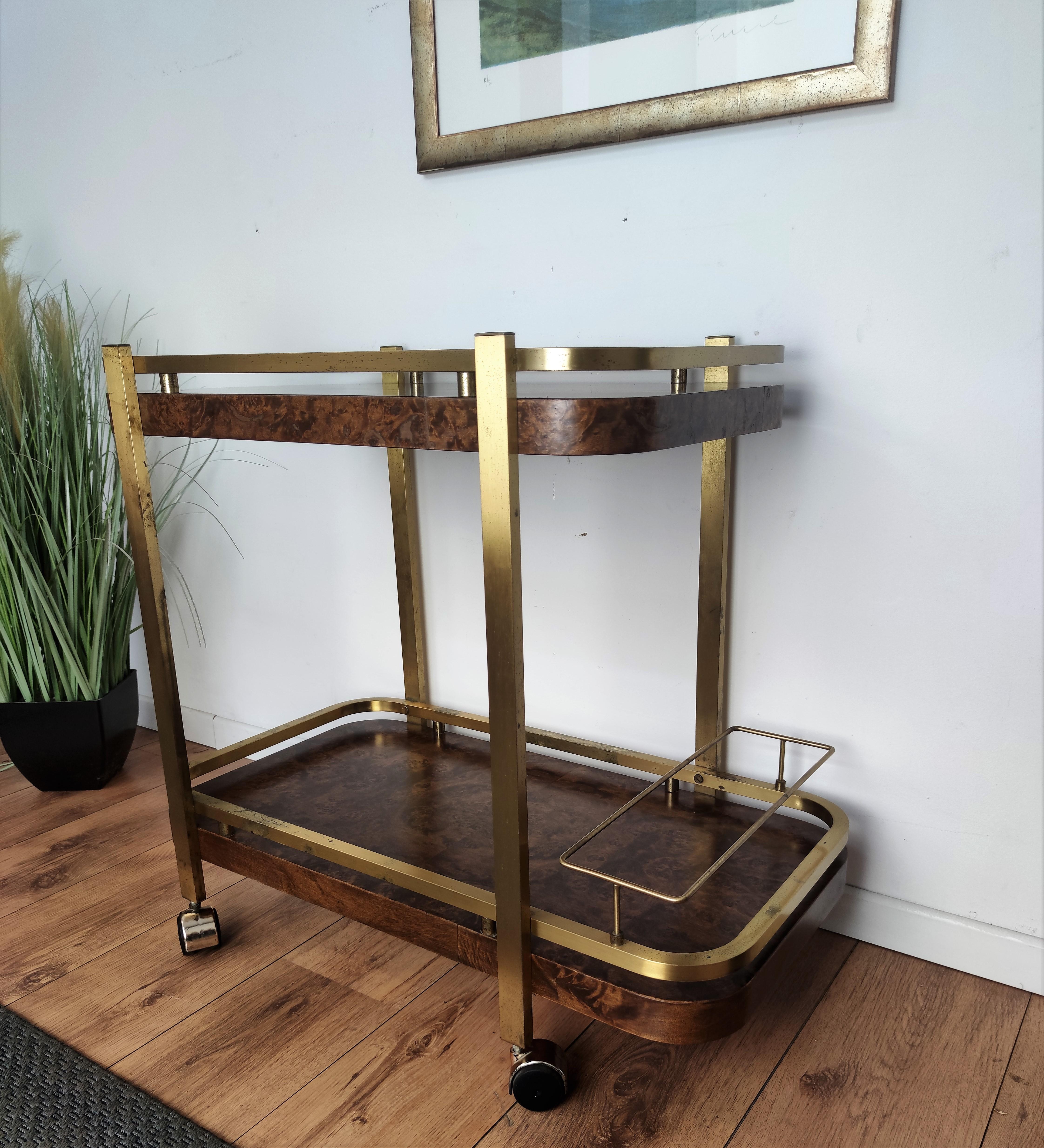 20th Century Two-Tier Walnut Burl Wood and Brass Bar Cart, Italy, 1970s