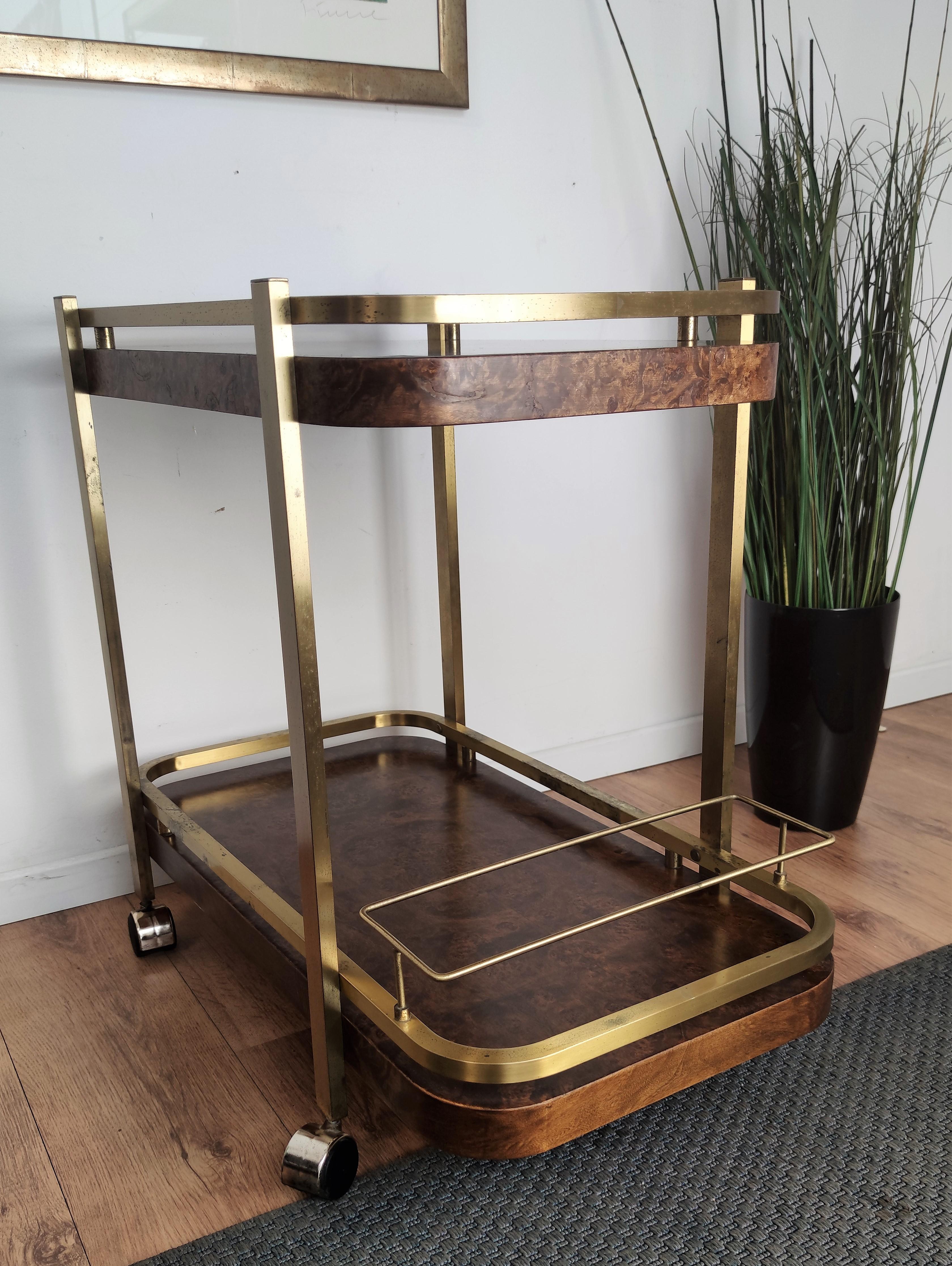 Two-Tier Walnut Burl Wood and Brass Bar Cart, Italy, 1970s 1