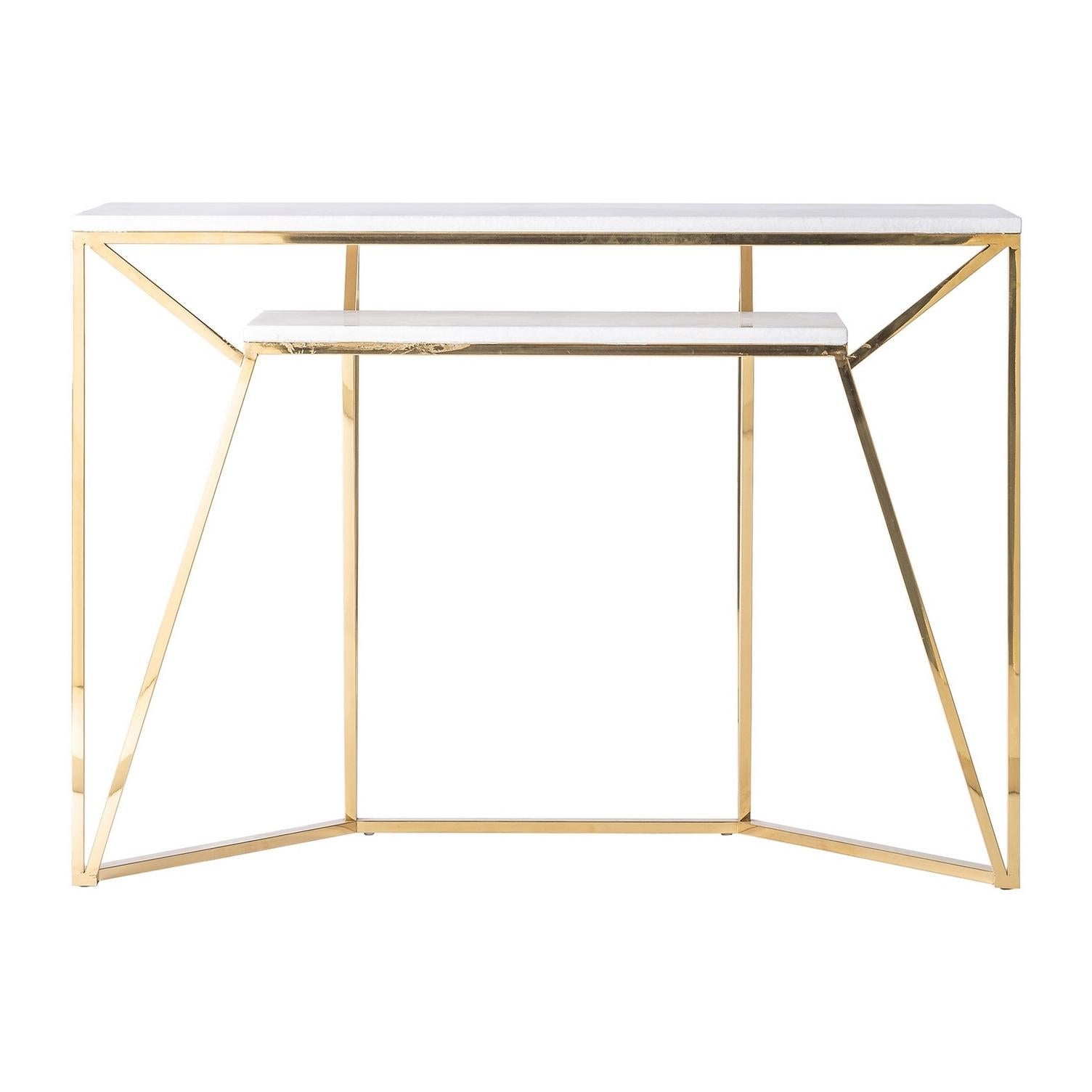 Two tier white marble and gold stainless steel rectangular console table. Perfect in your entryway, you can use it as a writing table too!