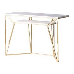 Two Tier White Marble and Gold Stainless Steel Rectangular Console Table
