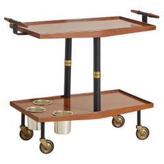 Two-Tier Wood + Brass Bar Cart with Cup Holders, Italy 1950s