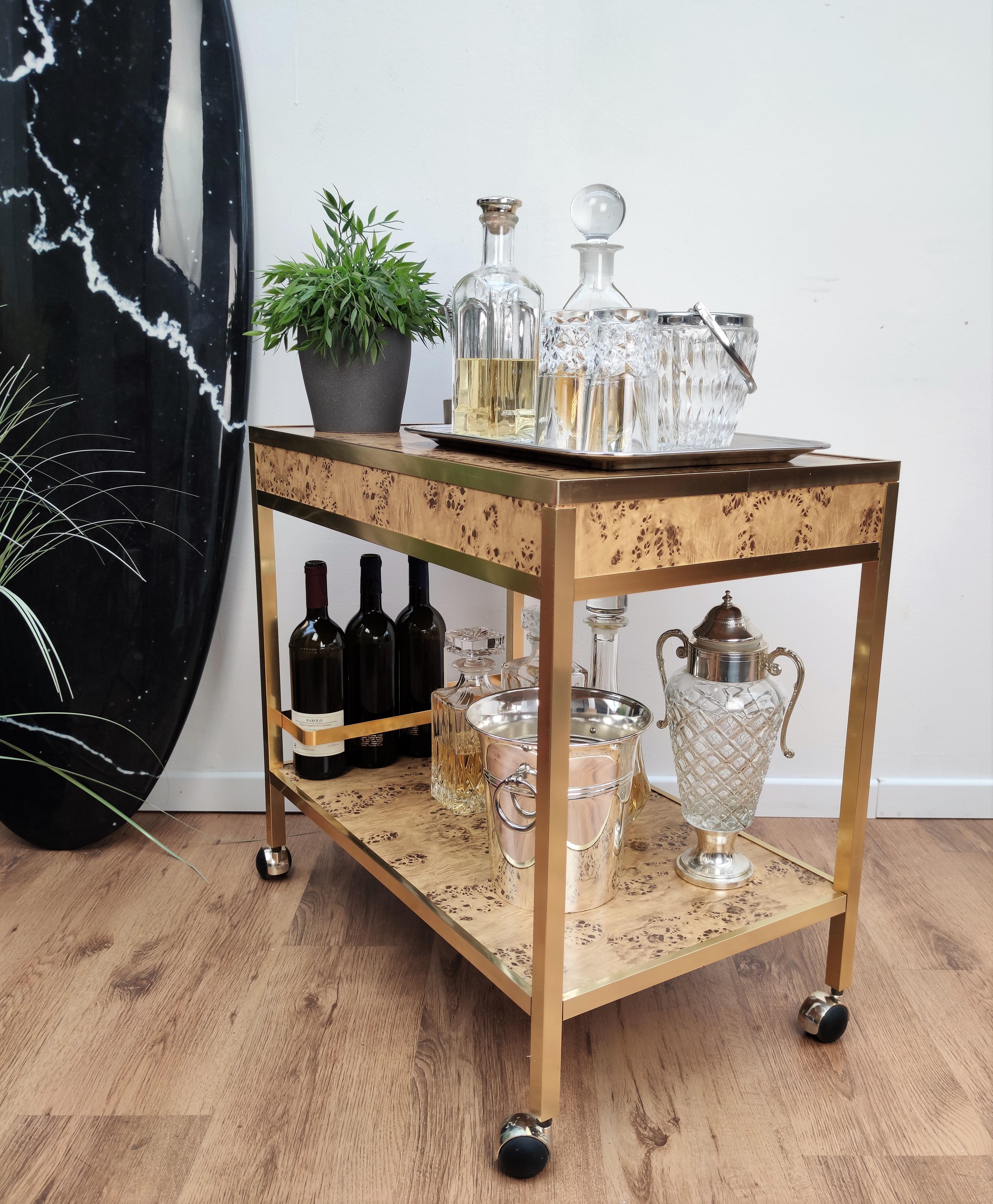 Italian Two-Tier Wood Burl and Brass Bar Cart, Italy, 1970s