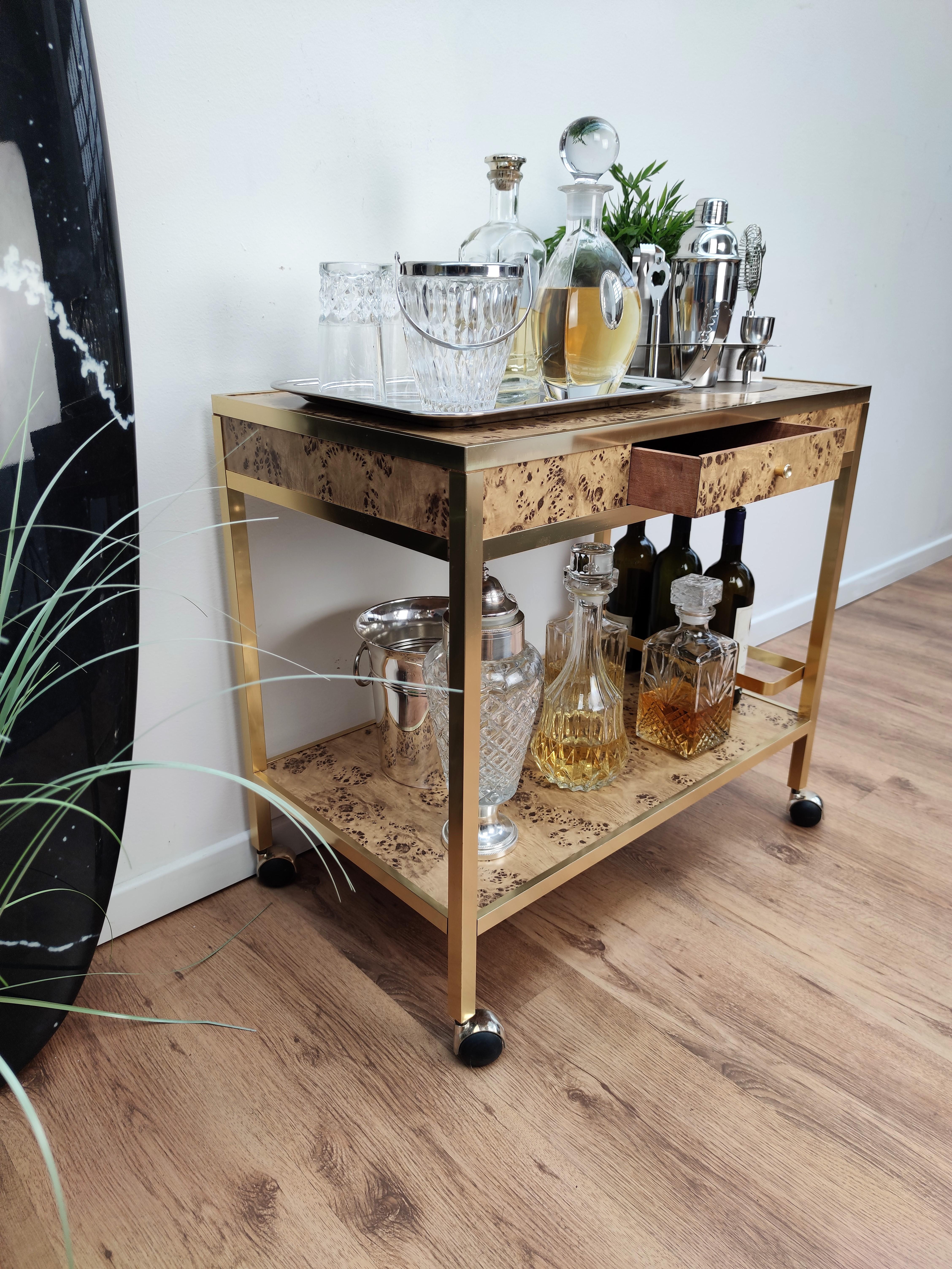 20th Century Two-Tier Wood Burl and Brass Bar Cart, Italy, 1970s
