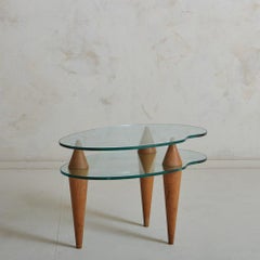 Two-Tier Wood + Curved Glass Side Table, Italy, 20th Century