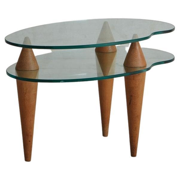 Two-Tier Wood + Curved Glass Side Table, Italy, 20th Century