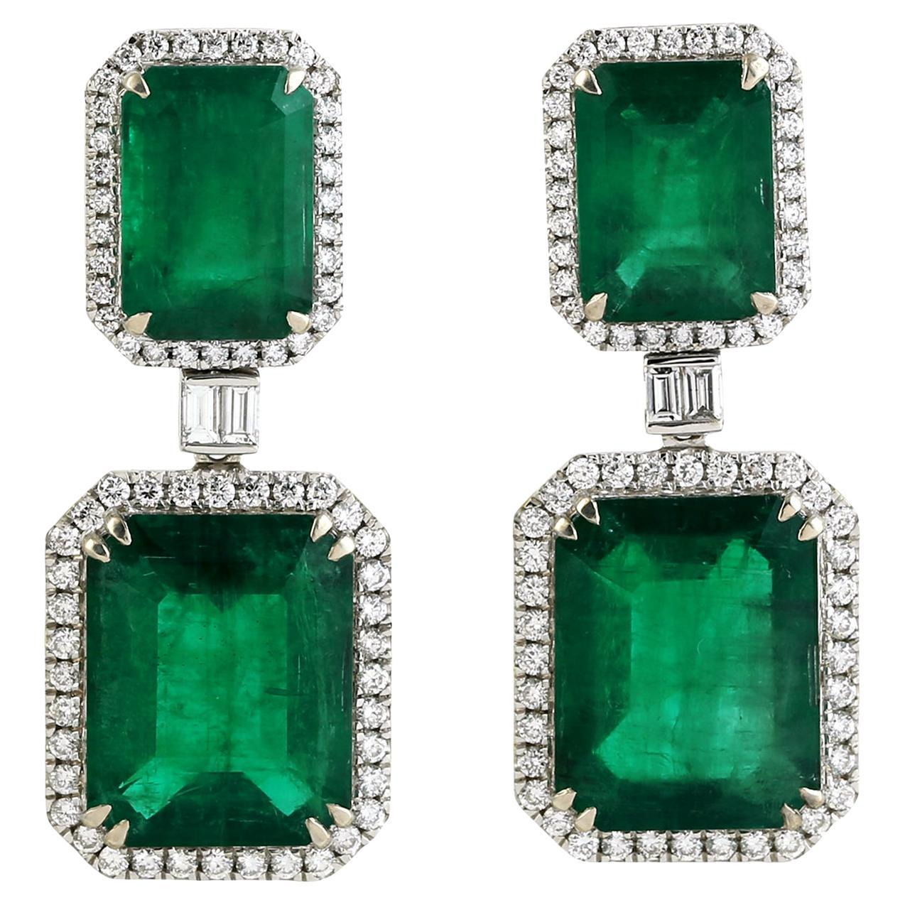 Two Tier Zambian Emerald Dangle Earrings Made In 18k White Gold