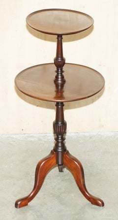 TWO TIERED ANTIQUE HARDWOOD TRIPOD TABLE WiTH ROTATING MIDDLE SHELF