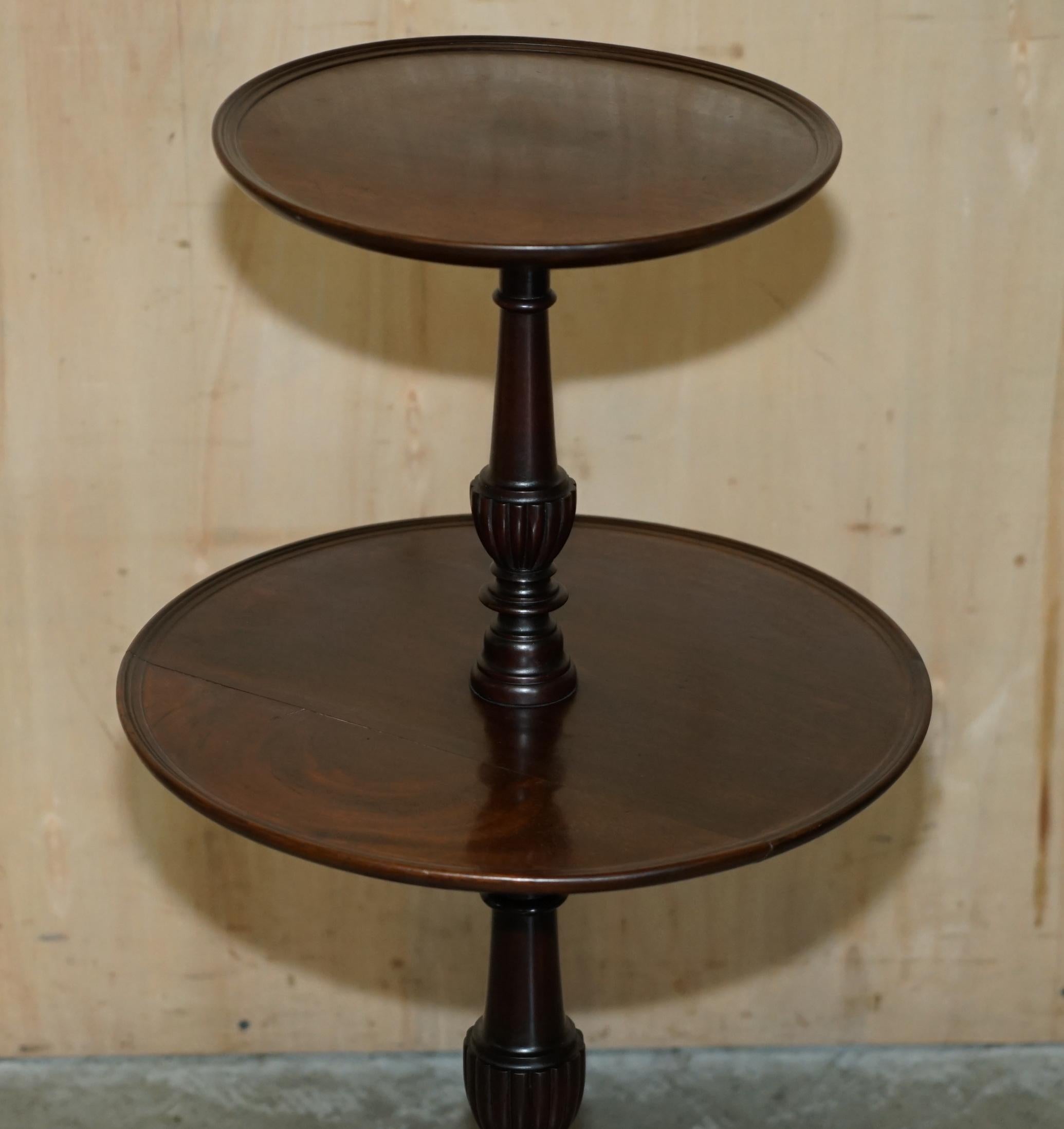 Country TWO TIERED ANTIQUE HARDWOOD TRIPOD TABLE WiTH ROTATING MIDDLE SHELF For Sale