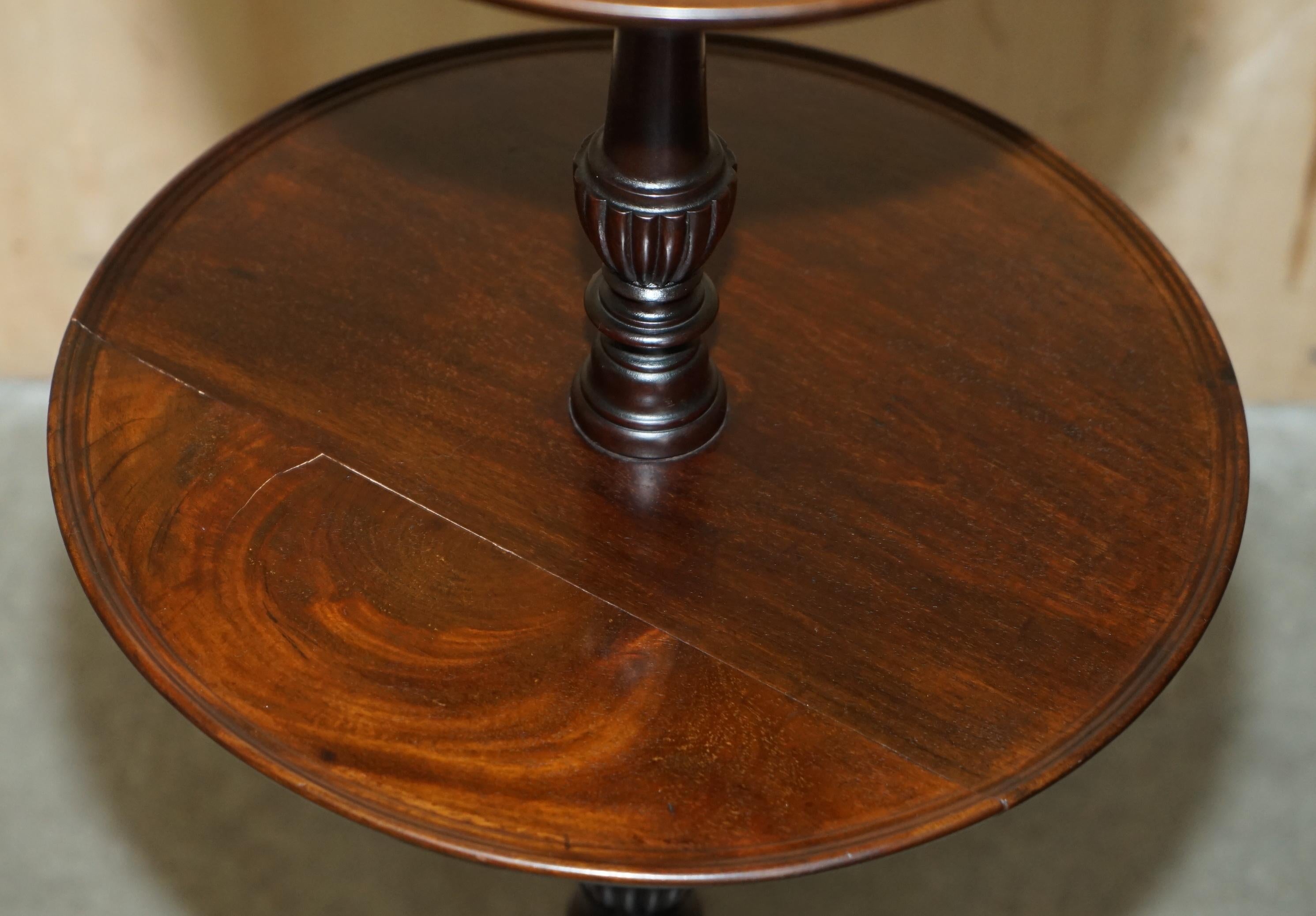 Hand-Crafted TWO TIERED ANTIQUE HARDWOOD TRIPOD TABLE WiTH ROTATING MIDDLE SHELF For Sale