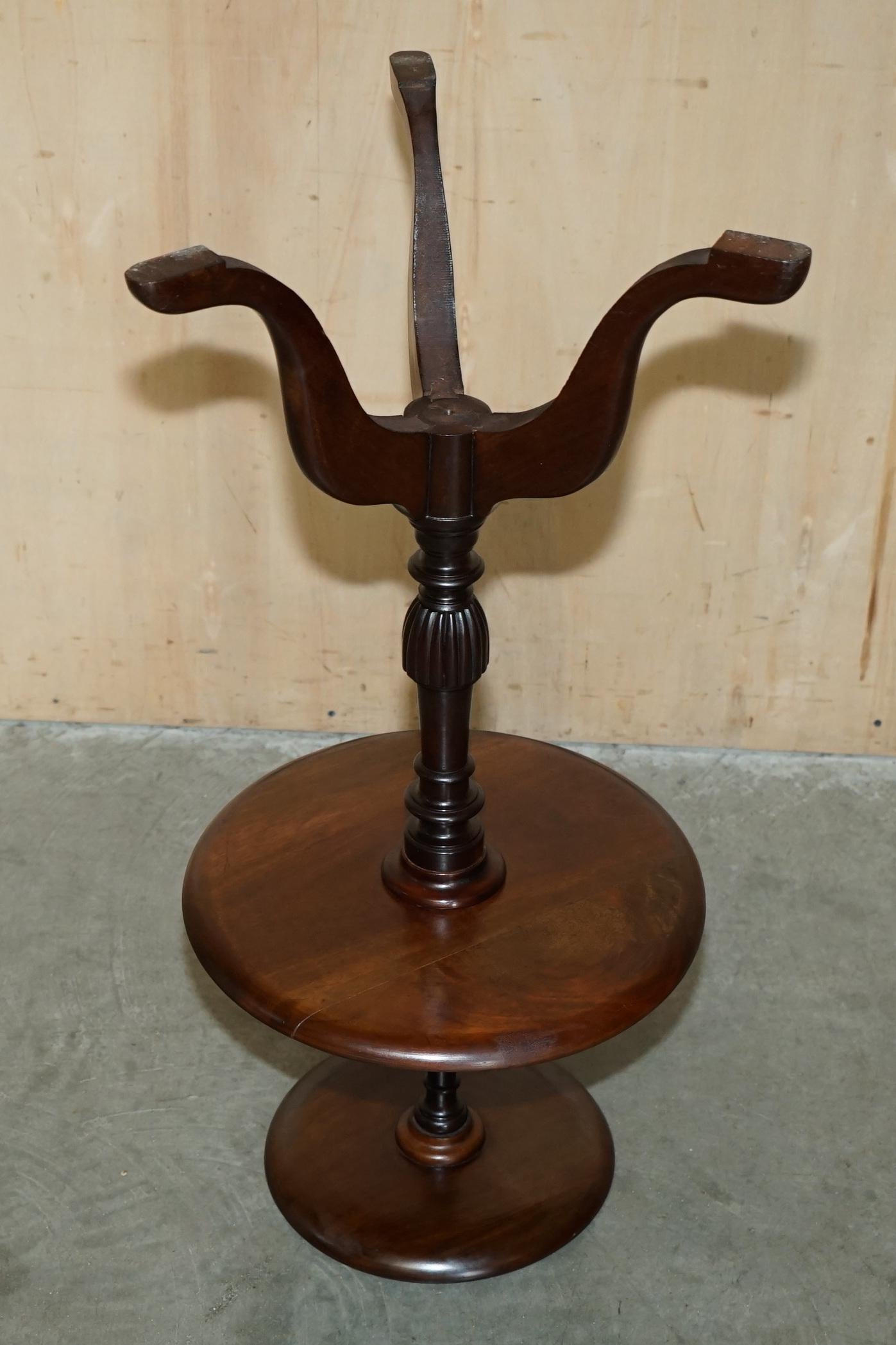 TWO TIERED ANTIQUE HARDWOOD TRIPOD TABLE WiTH ROTATING MIDDLE SHELF For Sale 2