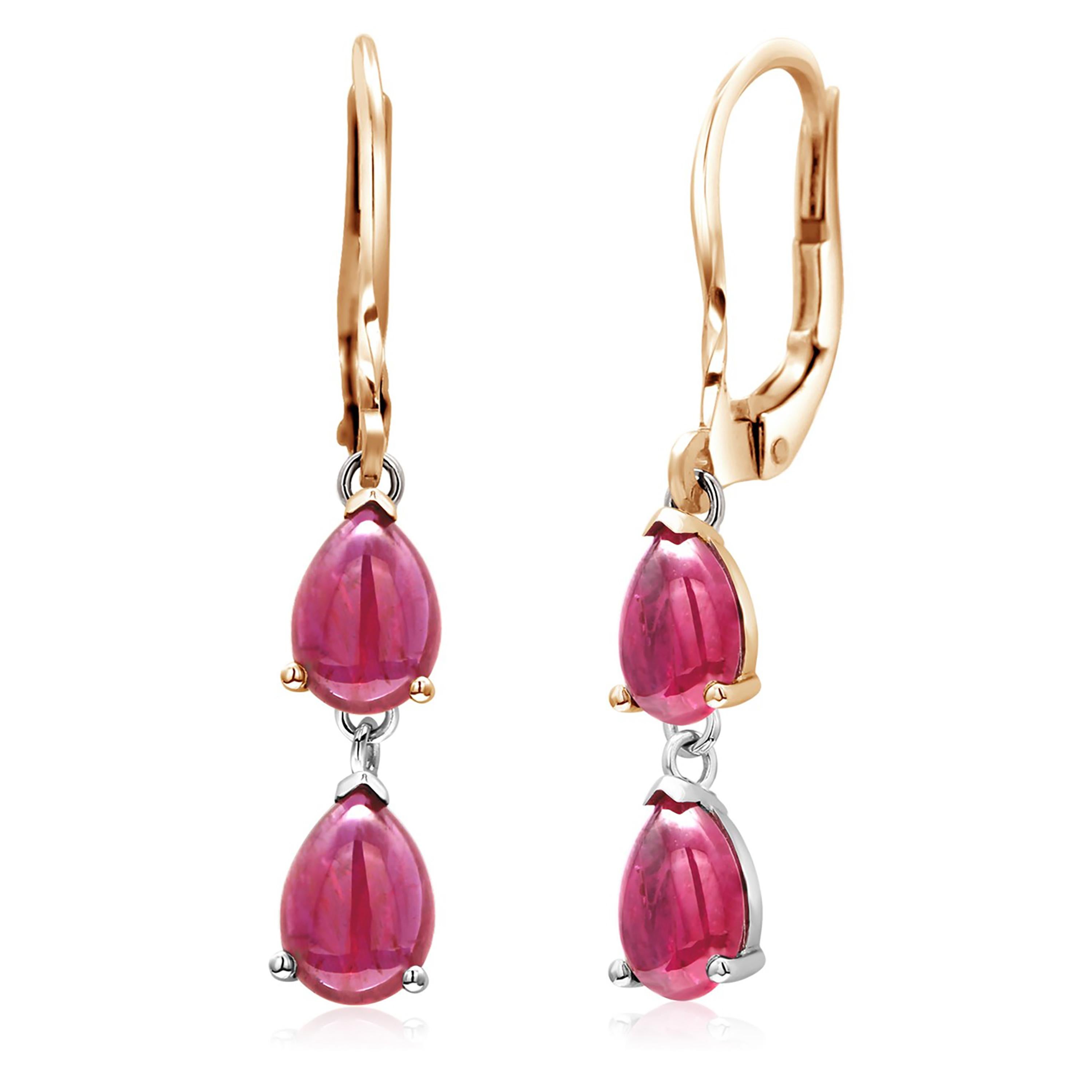 Contemporary Two Tiered Cabochon Ruby Leverback Gold Hoop Earrings