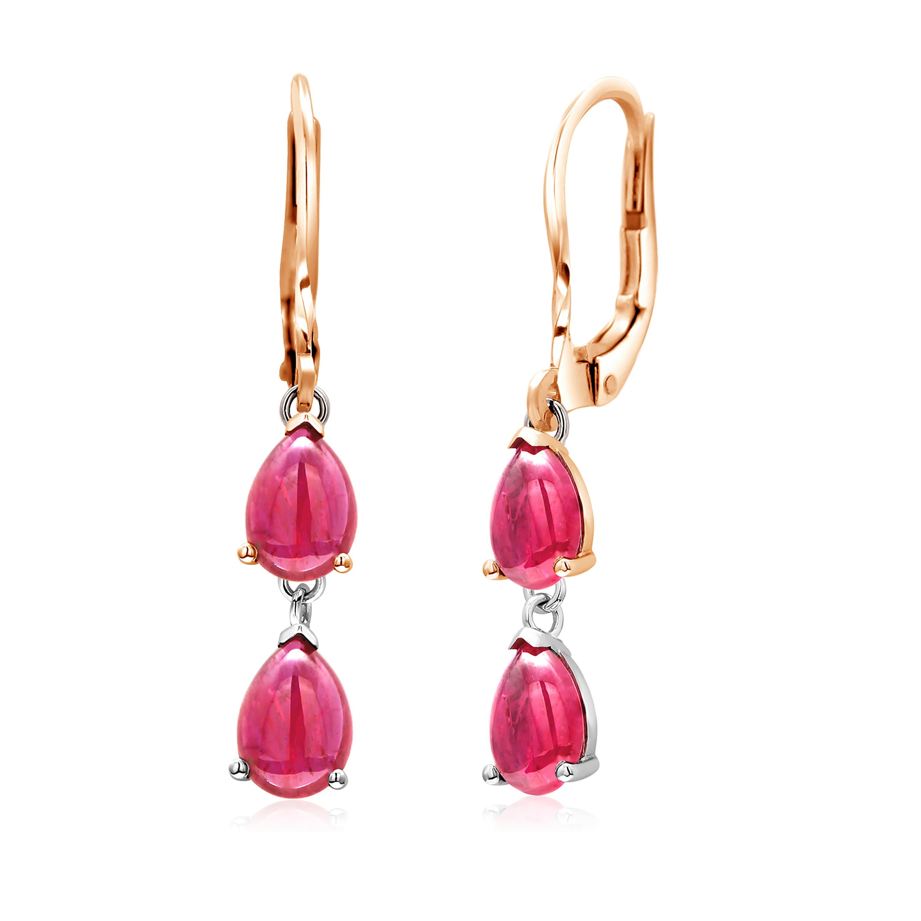 Two Tiered Cabochon Ruby Leverback Gold Hoop Earrings In New Condition In New York, NY