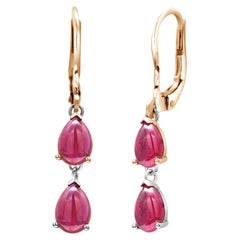 Two Tiered Cabochon Ruby Leverback Gold Hoop Earrings