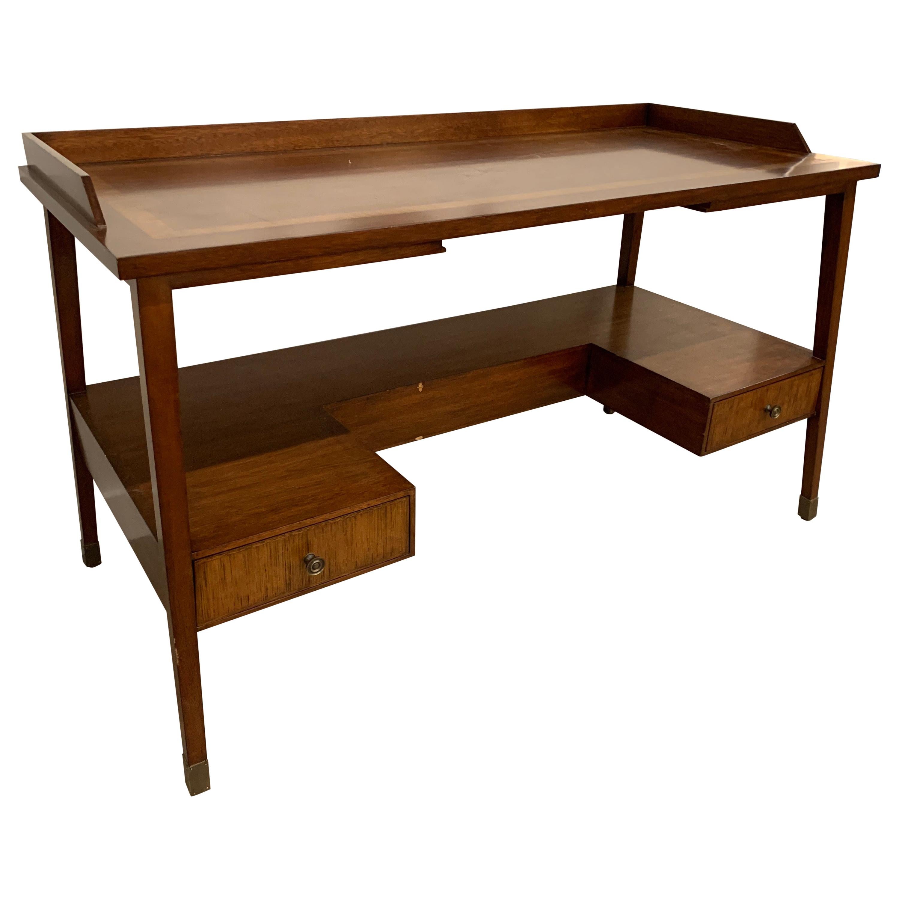 Two-Tiered Danish Style Mitchell Gold Open Air Walnut Desk with Inlay