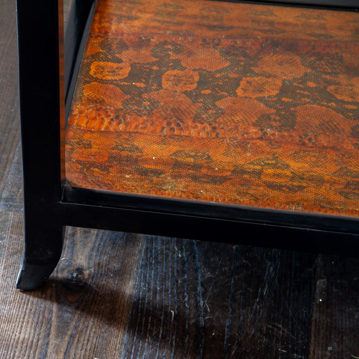 Two Tiered Ebonized and Faux Python Skin Occasional Table, 1970s 4