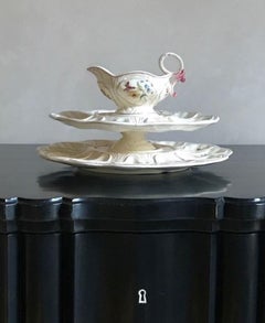 Two Tiered French Faience Longchamp Oyster Service with Sauce Boat, Circa 1900