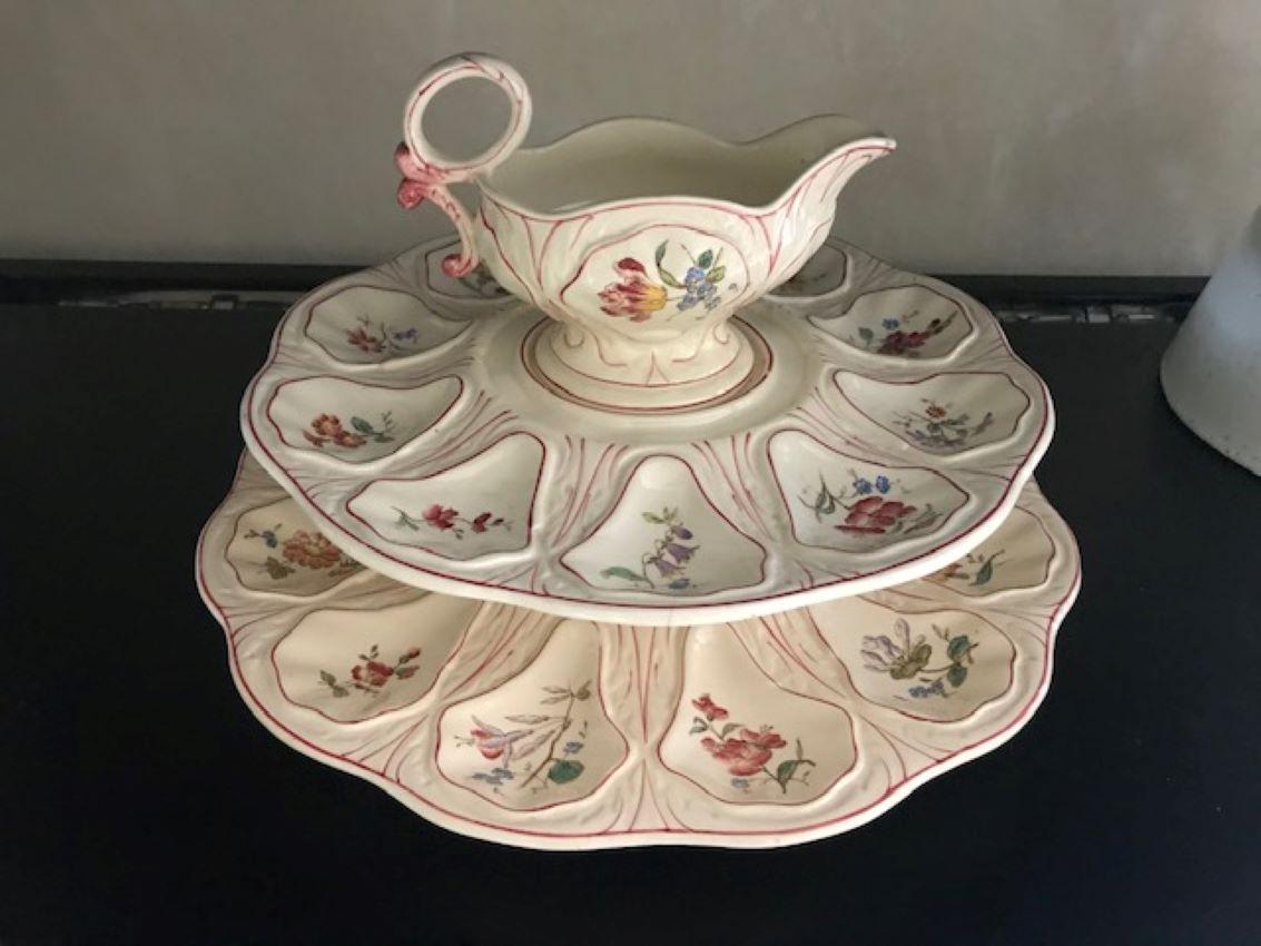 Two Tiered French Faience Longchamp Oyster Service with Sauce Boat, Circa 1900 1