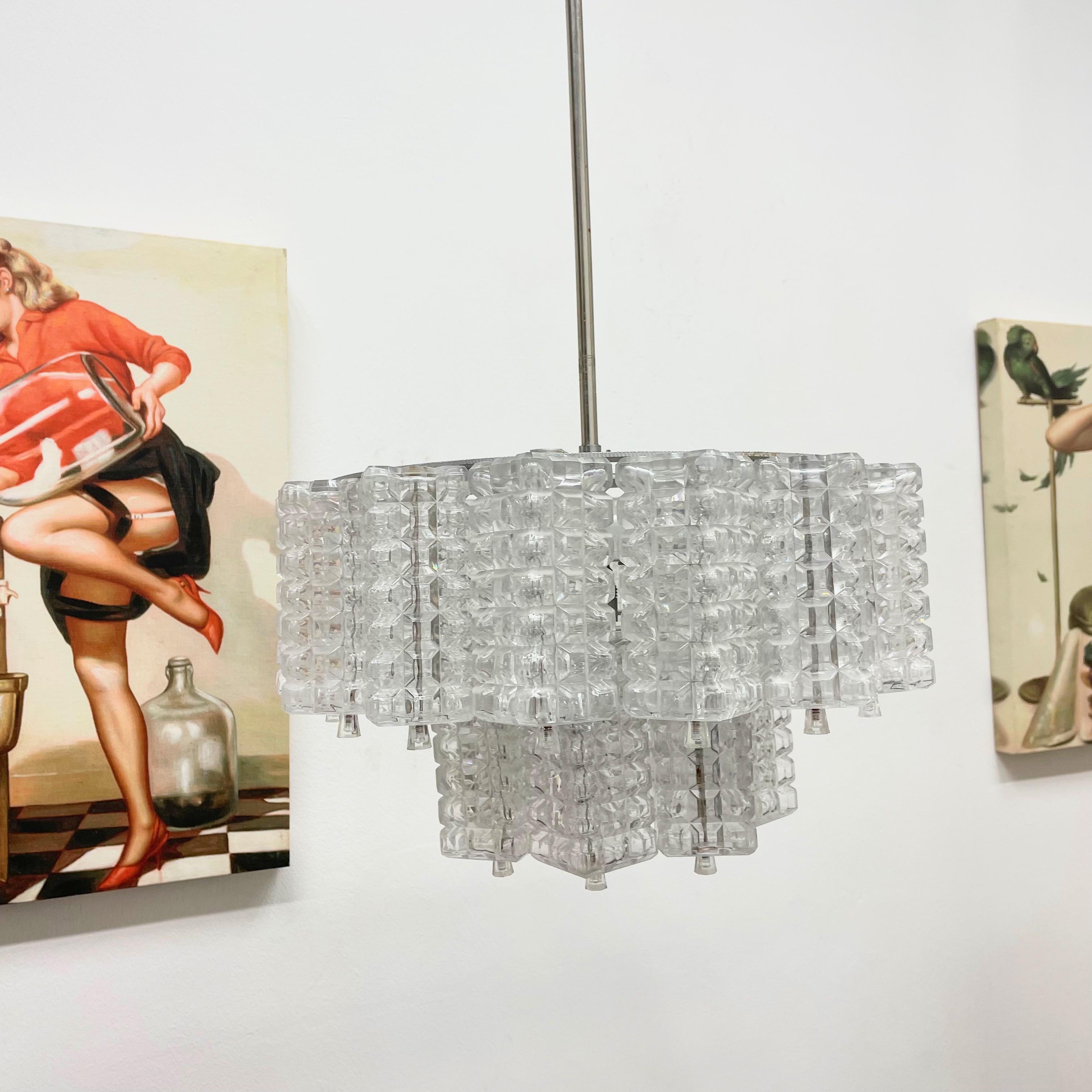 Industrial Two Tiered Glass Cube Chandelier by Austrolux, Austria, 1960s For Sale